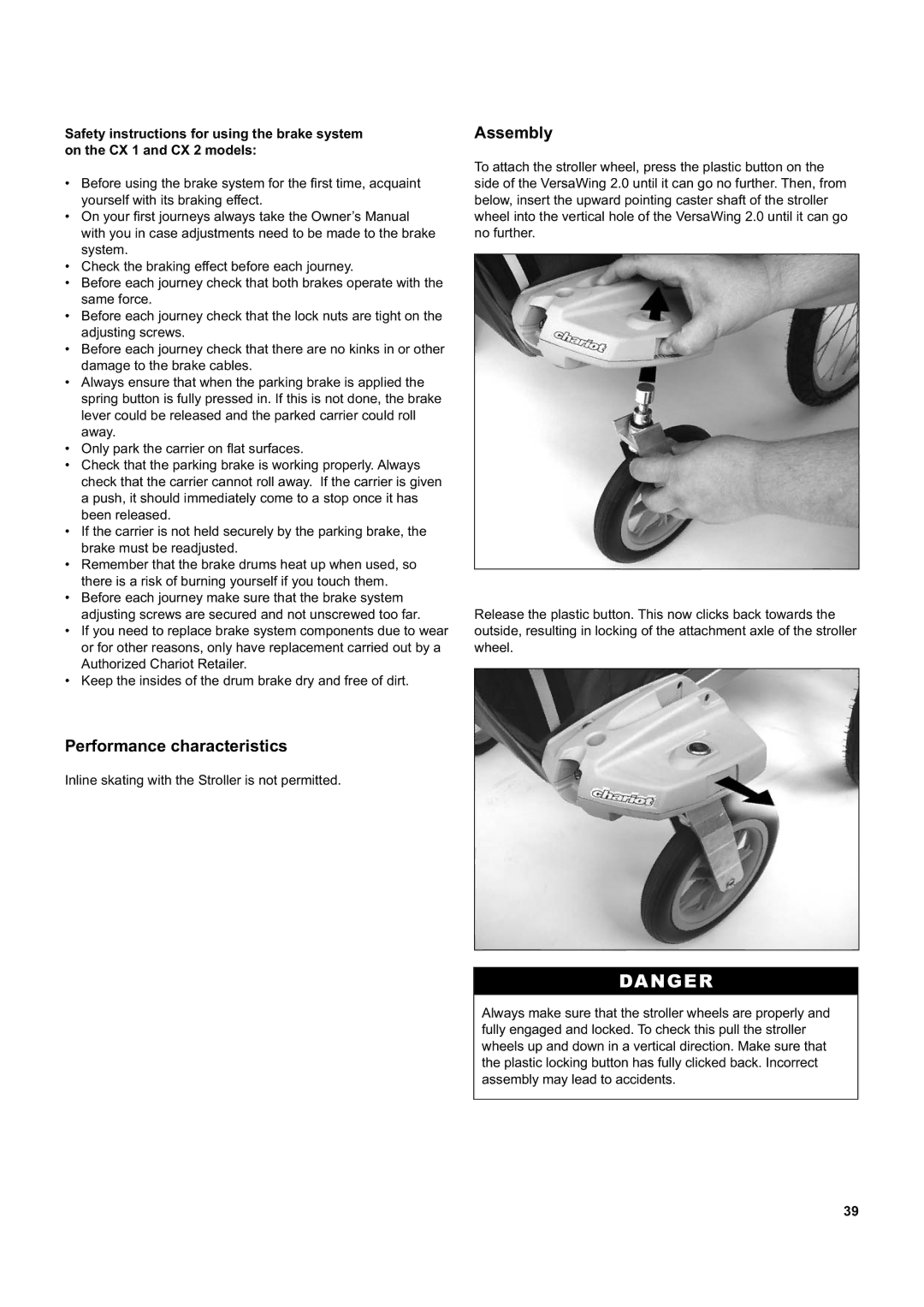 Chariot Carriers CX 2, CX 1 manual Performance characteristics, Assembly 