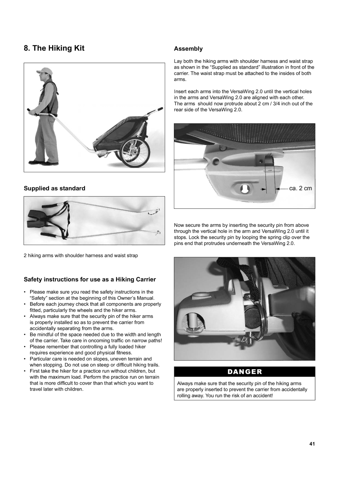 Chariot Carriers CX 2, CX 1 manual Hiking Kit, Safety instructions for use as a Hiking Carrier 