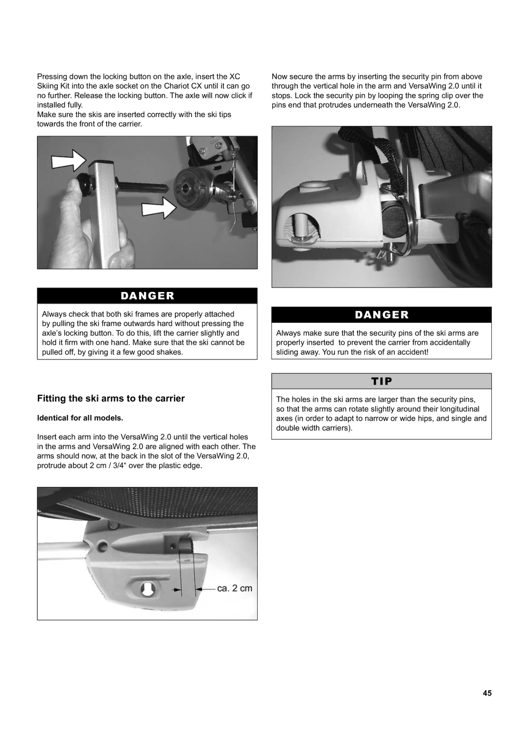 Chariot Carriers CX 2, CX 1 manual Fitting the ski arms to the carrier, Identical for all models 