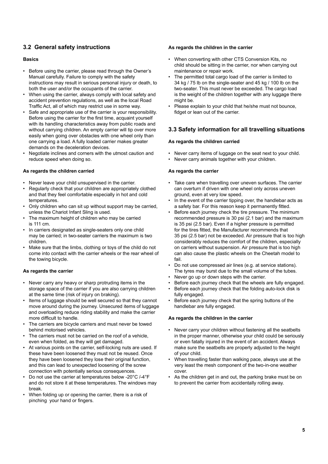 Chariot Carriers CX 2, CX 1 manual General safety instructions, Safety information for all travelling situations 