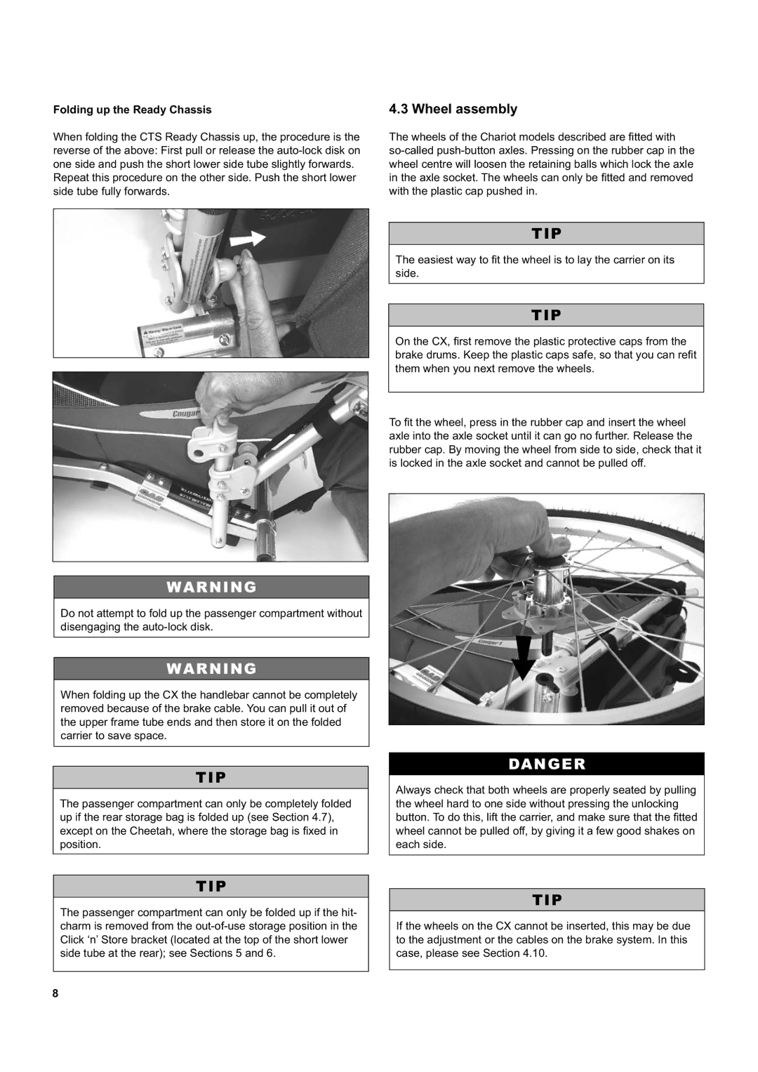 Chariot Carriers CX 1, CX 2 manual Wheel assembly, Folding up the Ready Chassis 