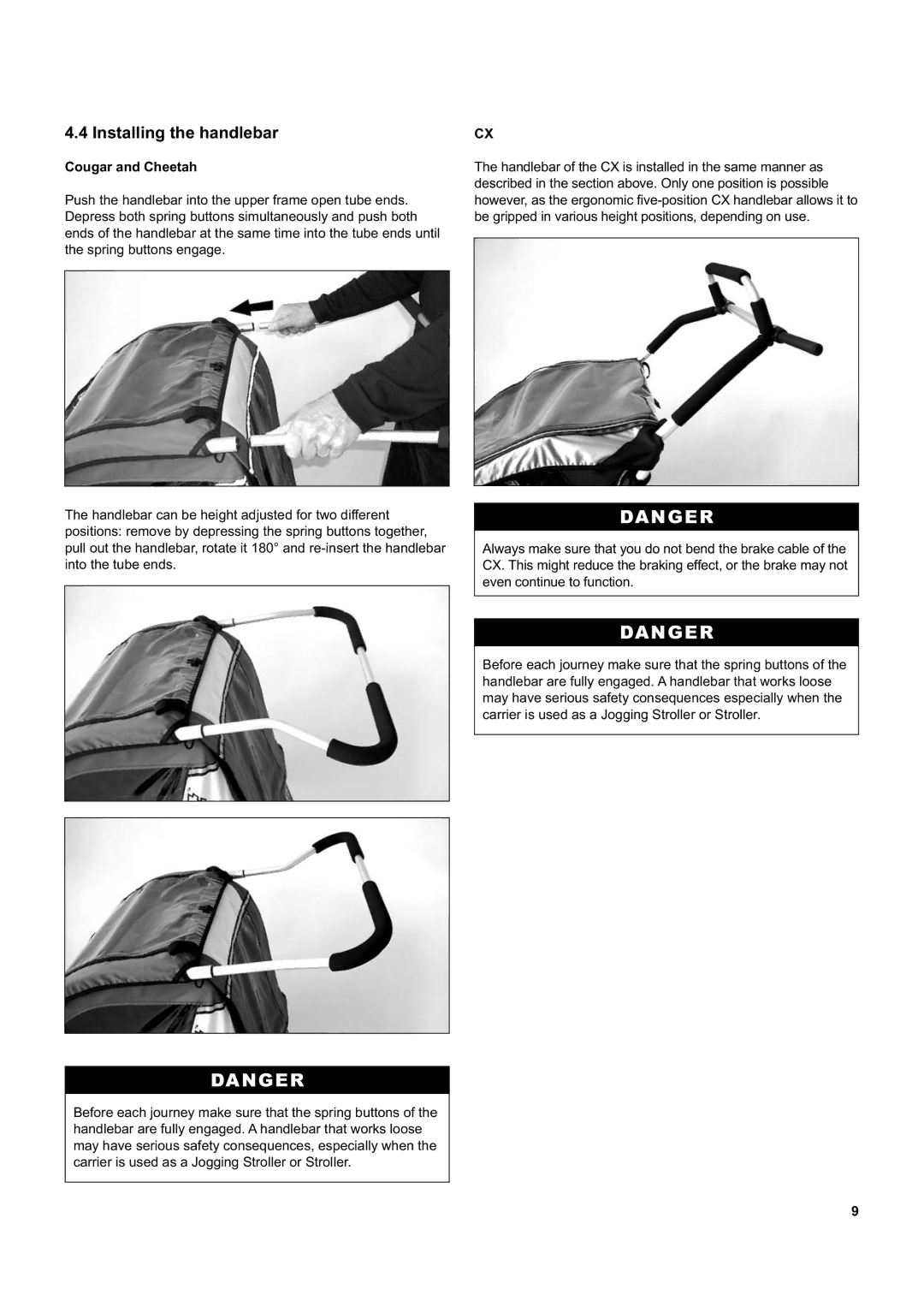 Chariot Carriers CX 2, CX 1 manual Installing the handlebar, Cougar and Cheetah 