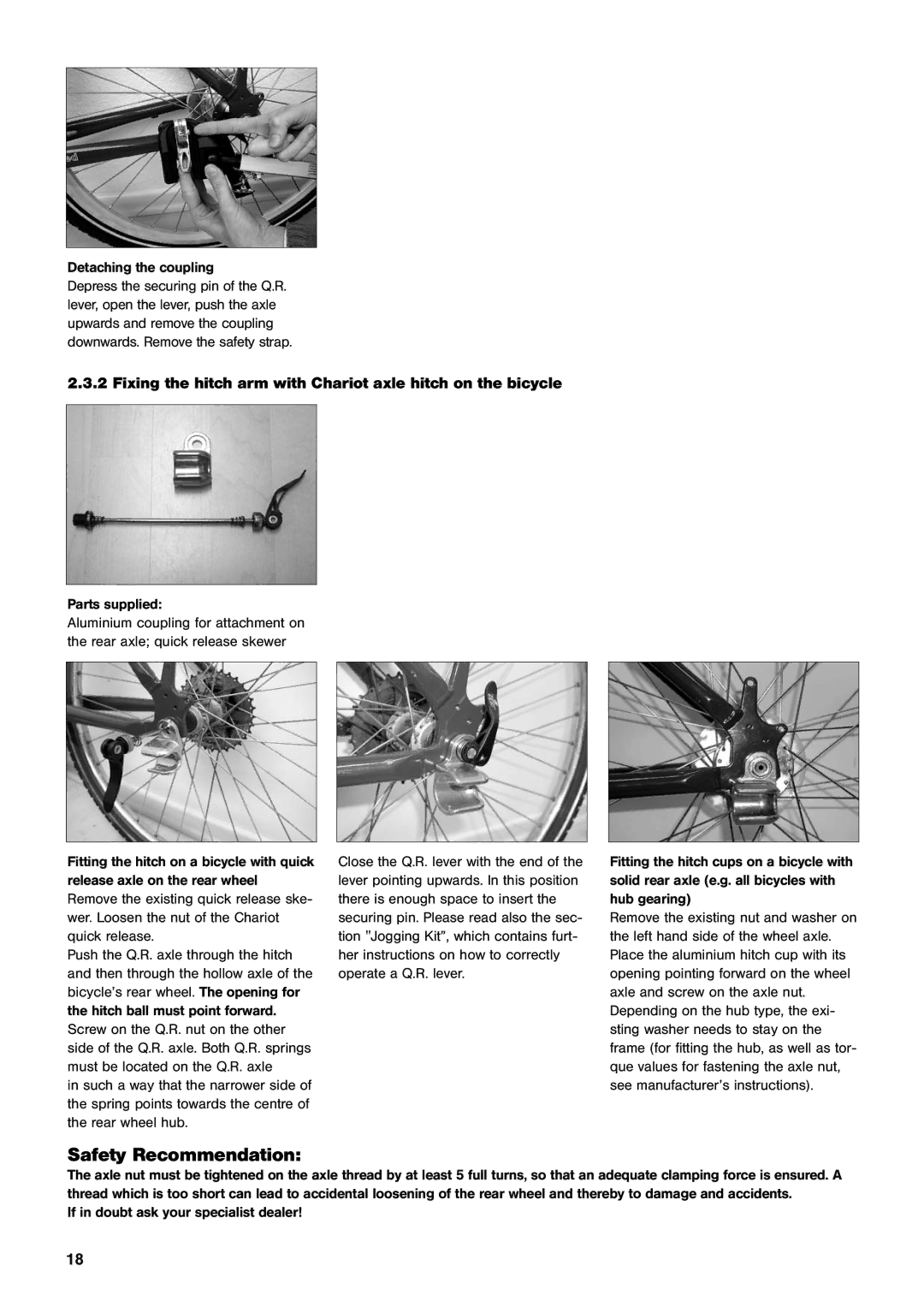 Chariot Carriers CX, Comfort manual Fixing the hitch arm with Chariot axle hitch on the bicycle, Detaching the coupling 