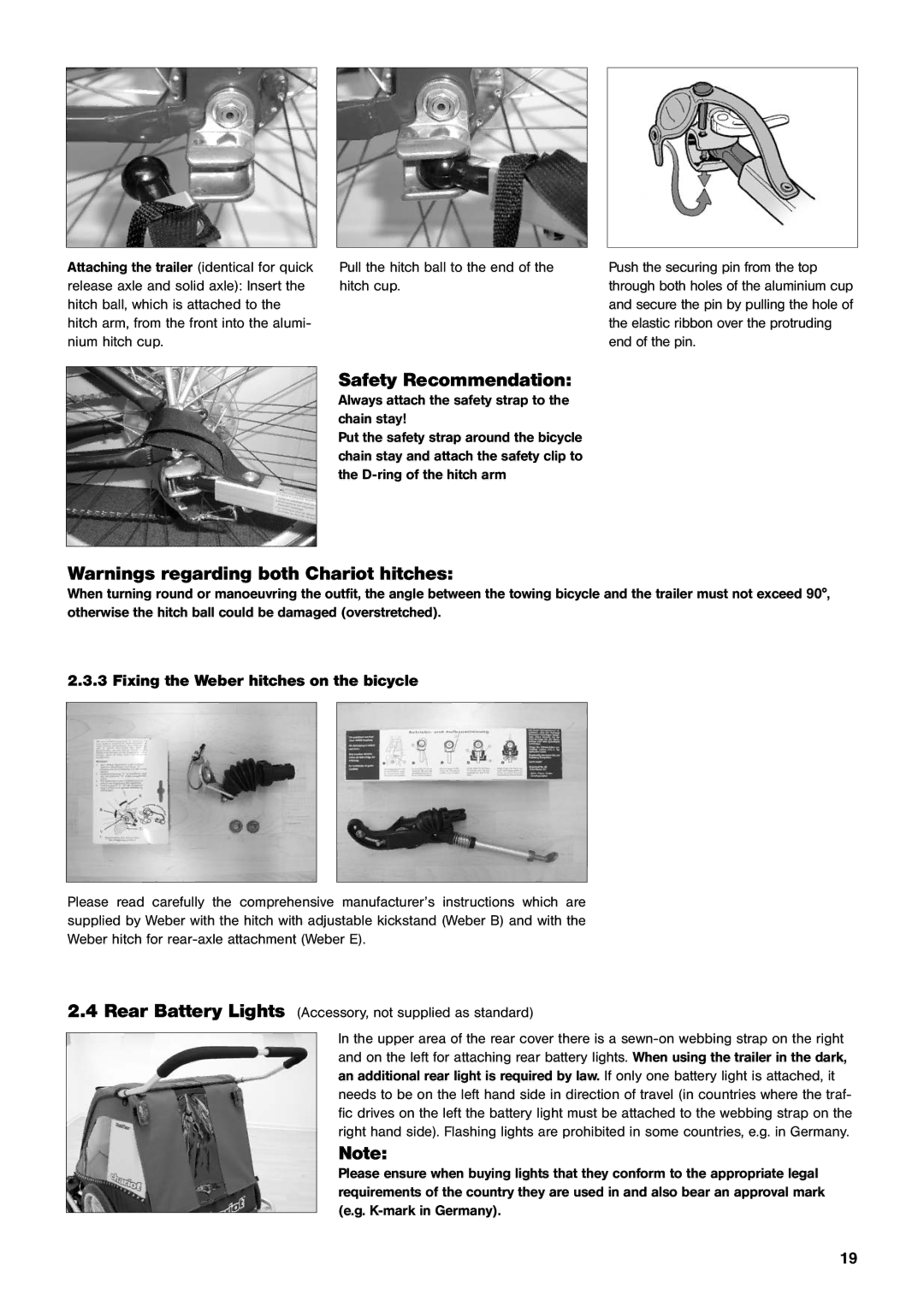 Chariot Carriers Comfort, CX manual Fixing the Weber hitches on the bicycle 