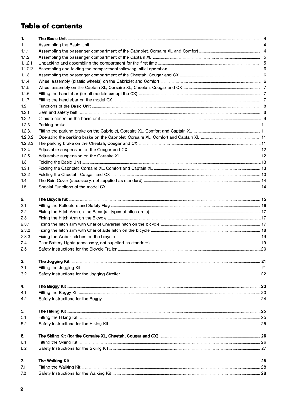 Chariot Carriers CX, Comfort manual Table of contents 