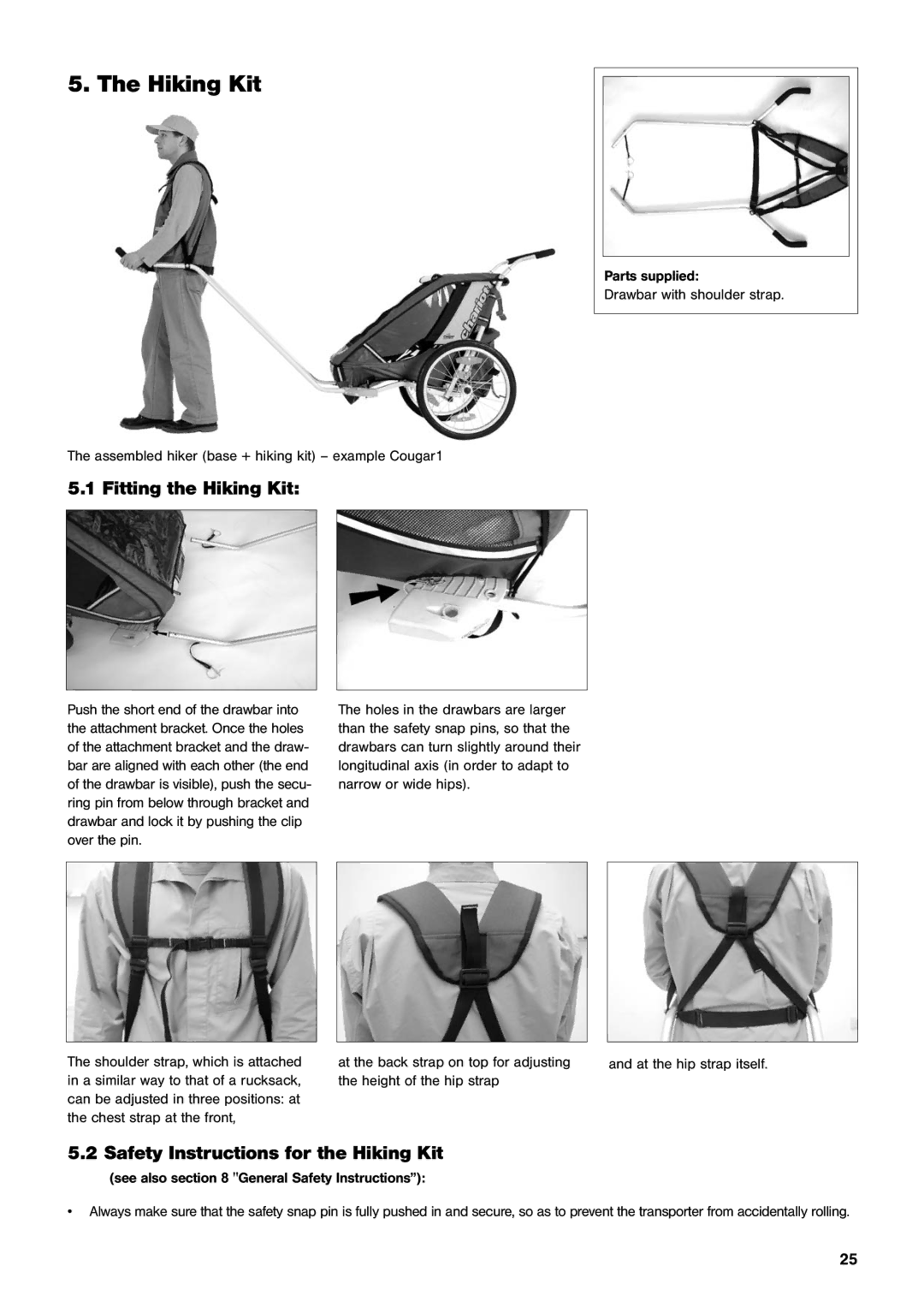 Chariot Carriers Comfort, CX manual Fitting the Hiking Kit, Safety Instructions for the Hiking Kit 