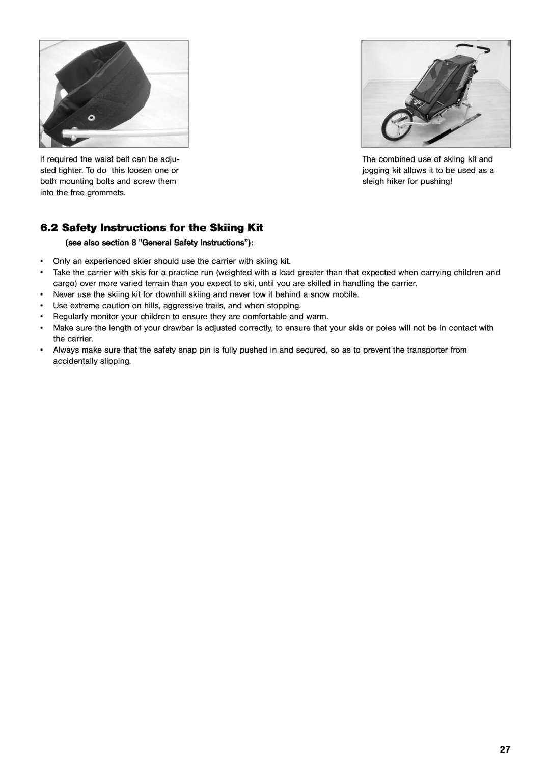 Chariot Carriers Comfort, CX manual Safety Instructions for the Skiing Kit 