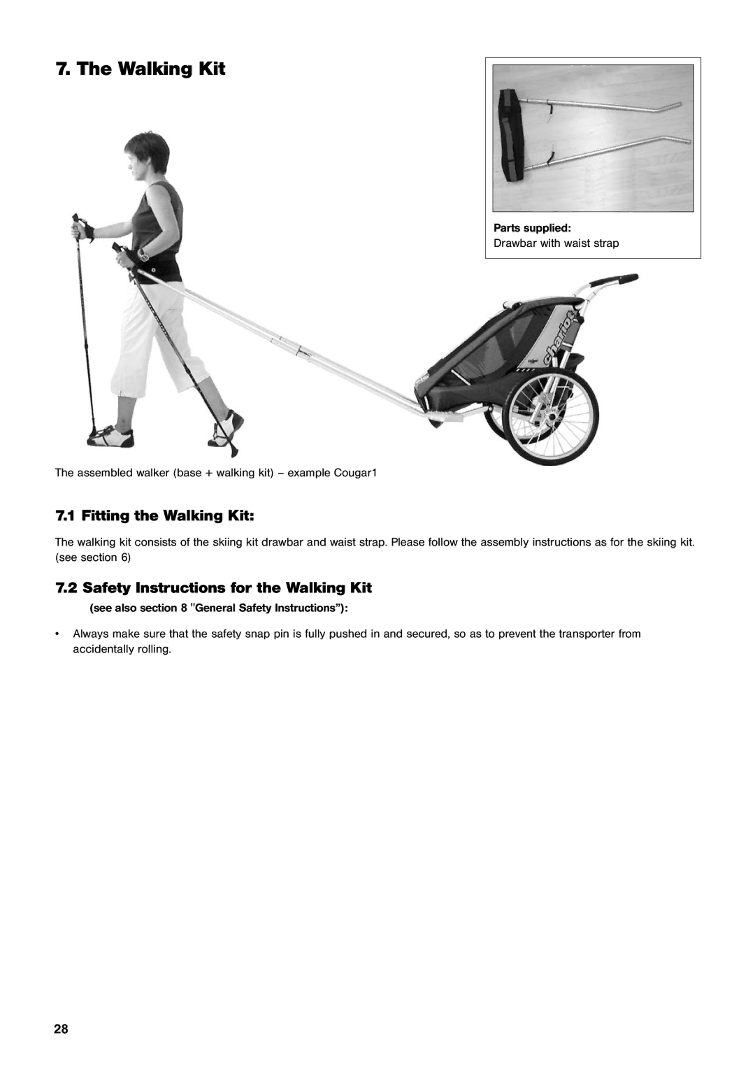 Chariot Carriers CX, Comfort manual Fitting the Walking Kit, Safety Instructions for the Walking Kit 