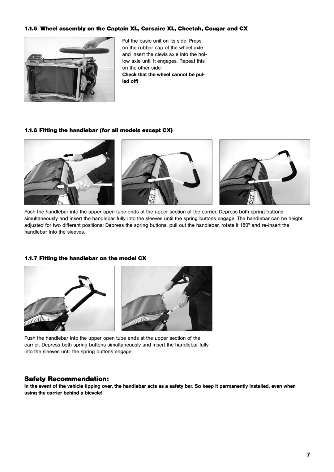 Chariot Carriers Comfort manual Safety Recommendation, Fitting the handlebar for all models except CX 