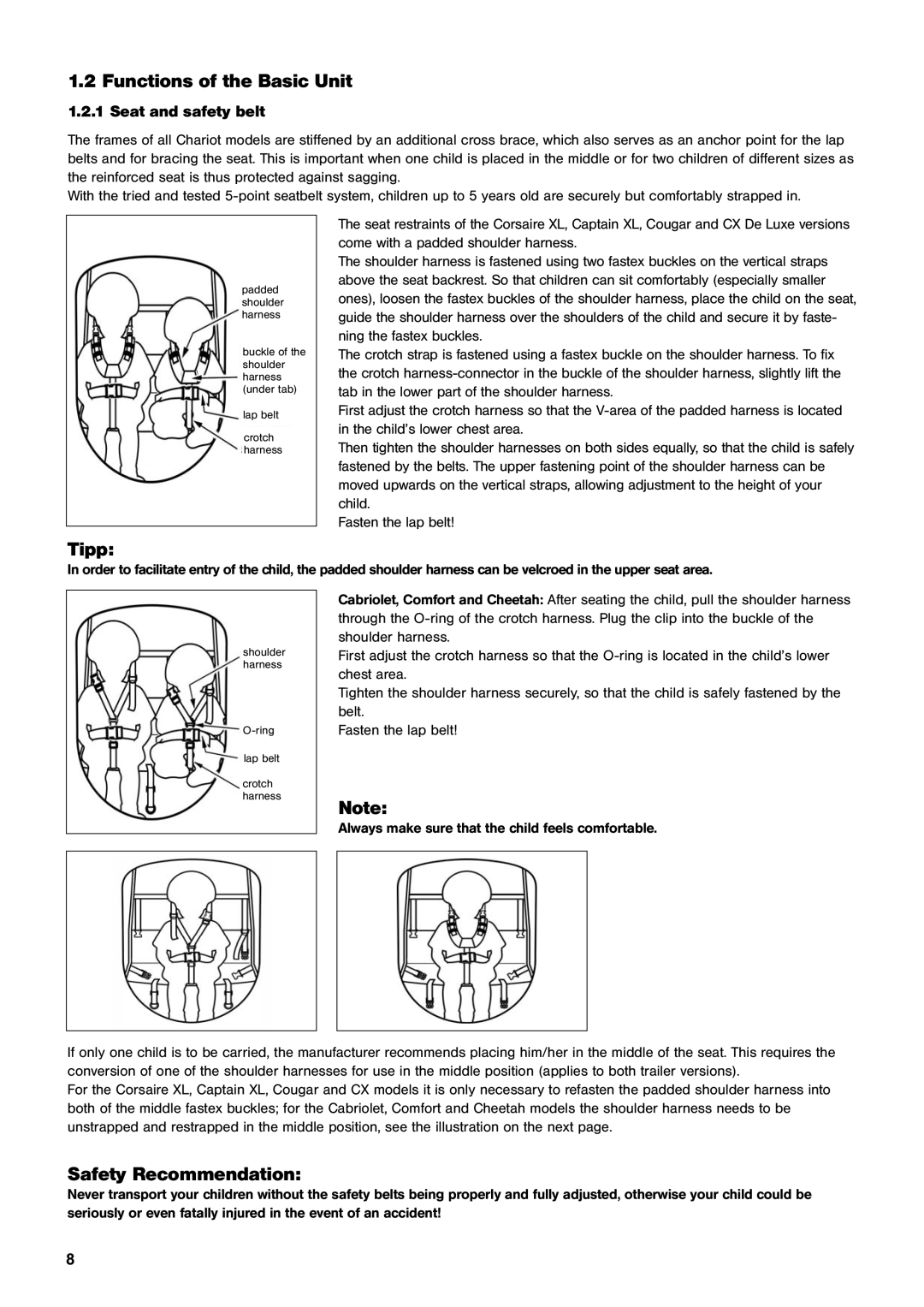 Chariot Carriers CX, Comfort manual Functions of the Basic Unit, Tipp, Seat and safety belt 