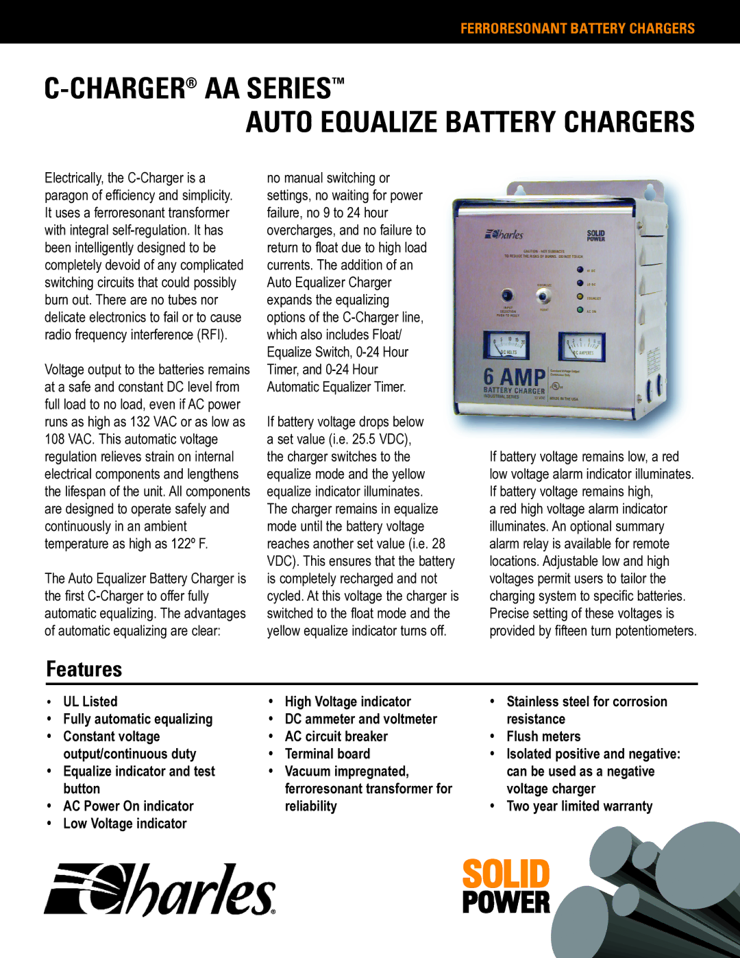 Charles Bentley & Son AA Series manual Chargeraa Series Auto Equalize Battery Chargers, Features 