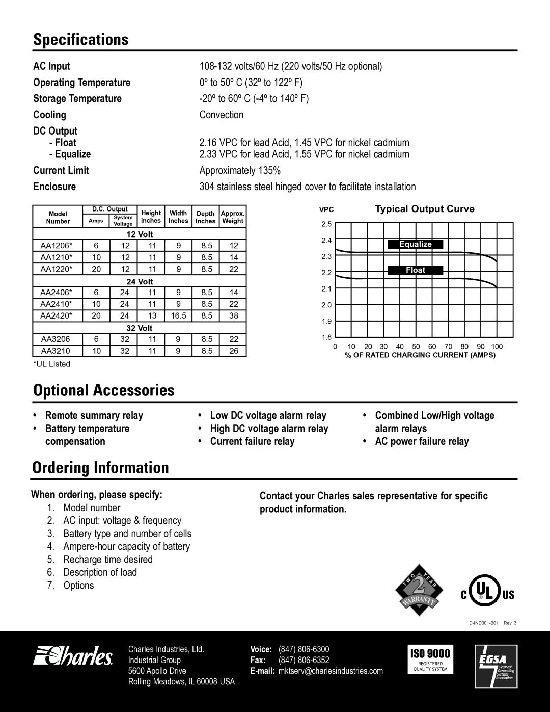 Charles Bentley & Son AA Series manual Specifications, Optional Accessories, Ordering Information 