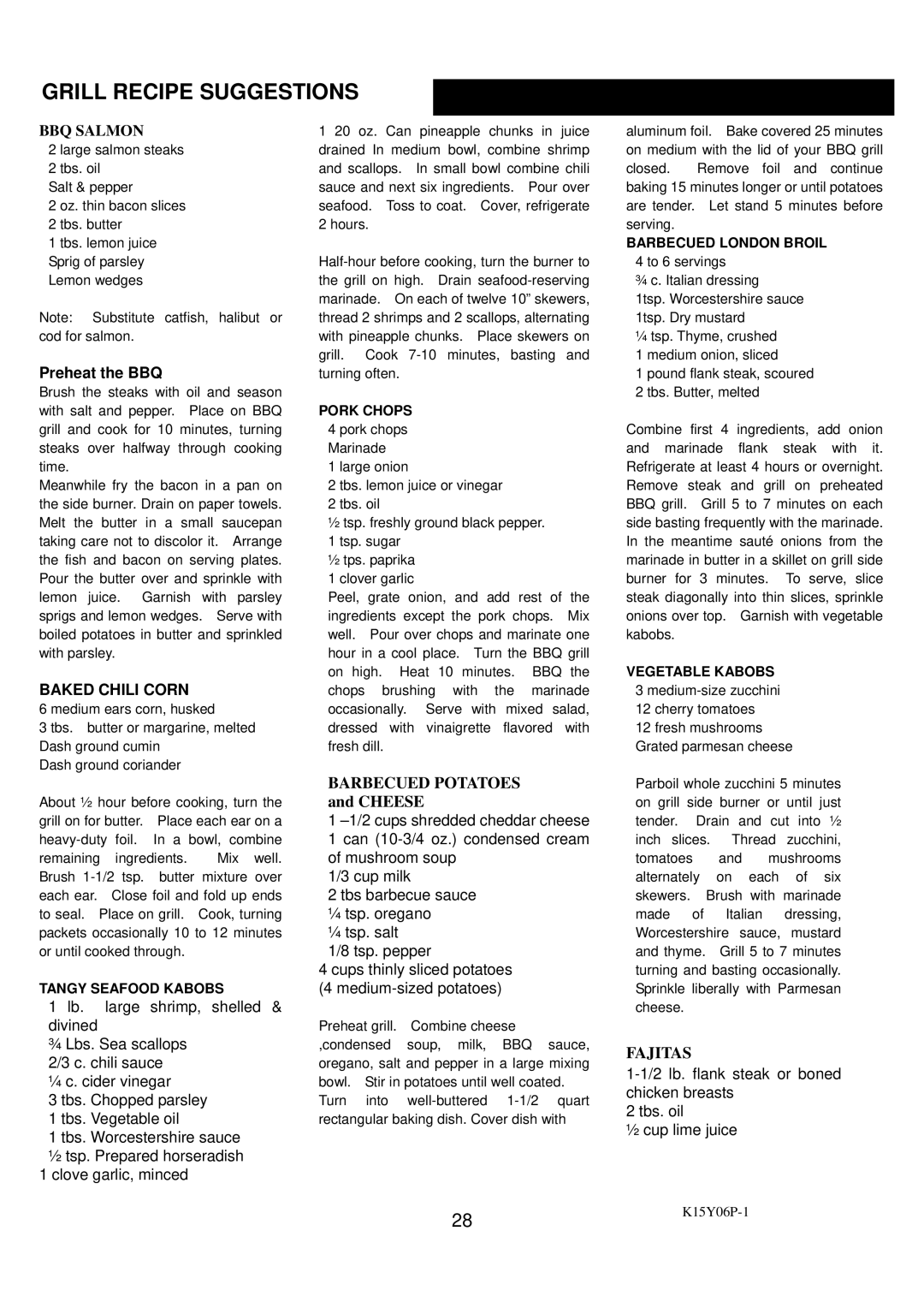 Charmglow 720-0289 manual Grill Recipe Suggestions, Preheat the BBQ, Baked Chili Corn 