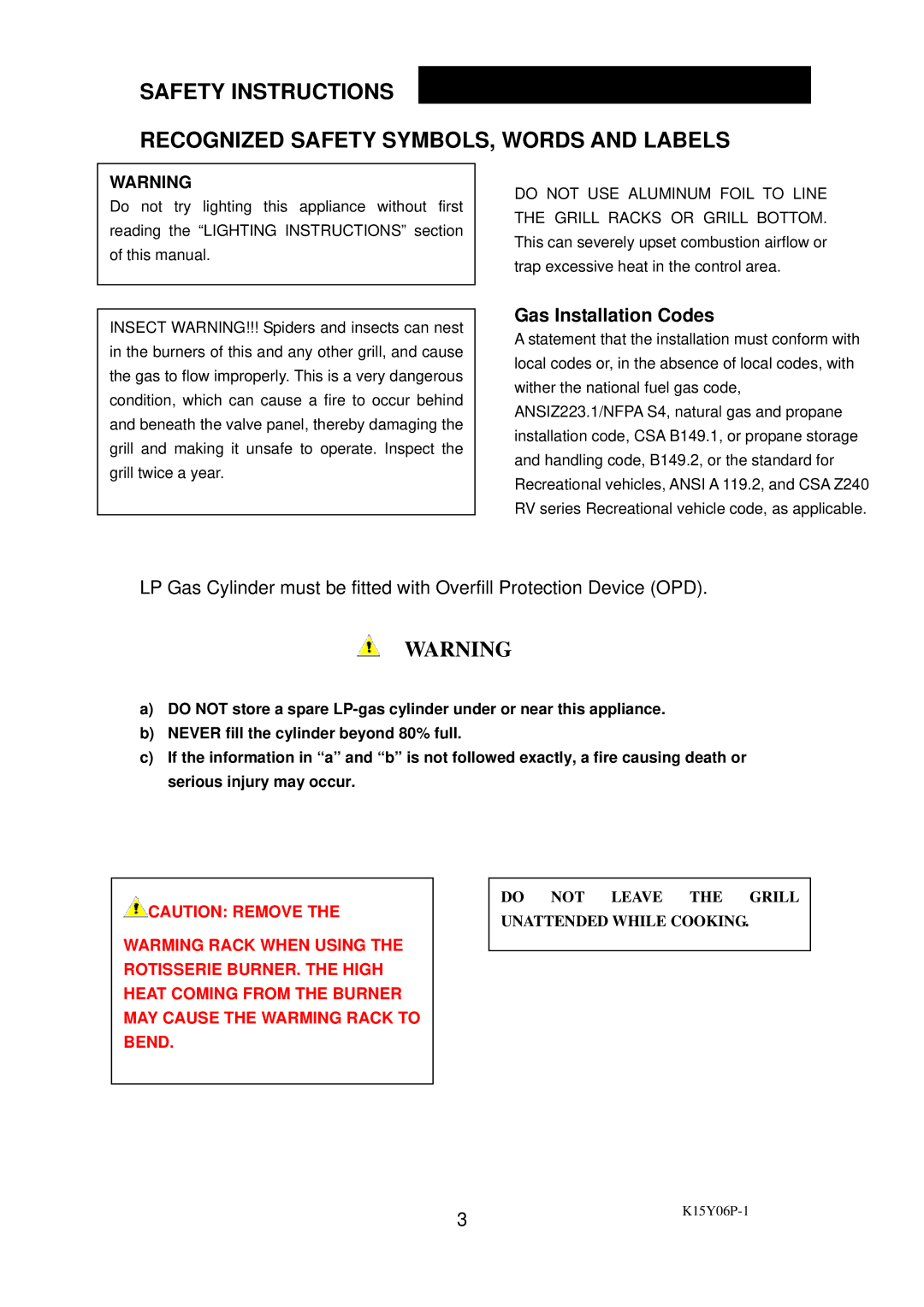 Charmglow 720-0289 manual Gas Installation Codes 