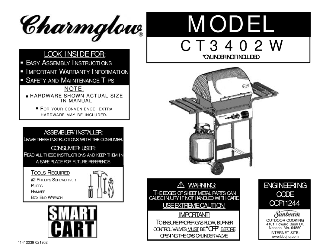 Charmglow CT3402W manual Hardware Shown Actual Size Manual, Tools Required 