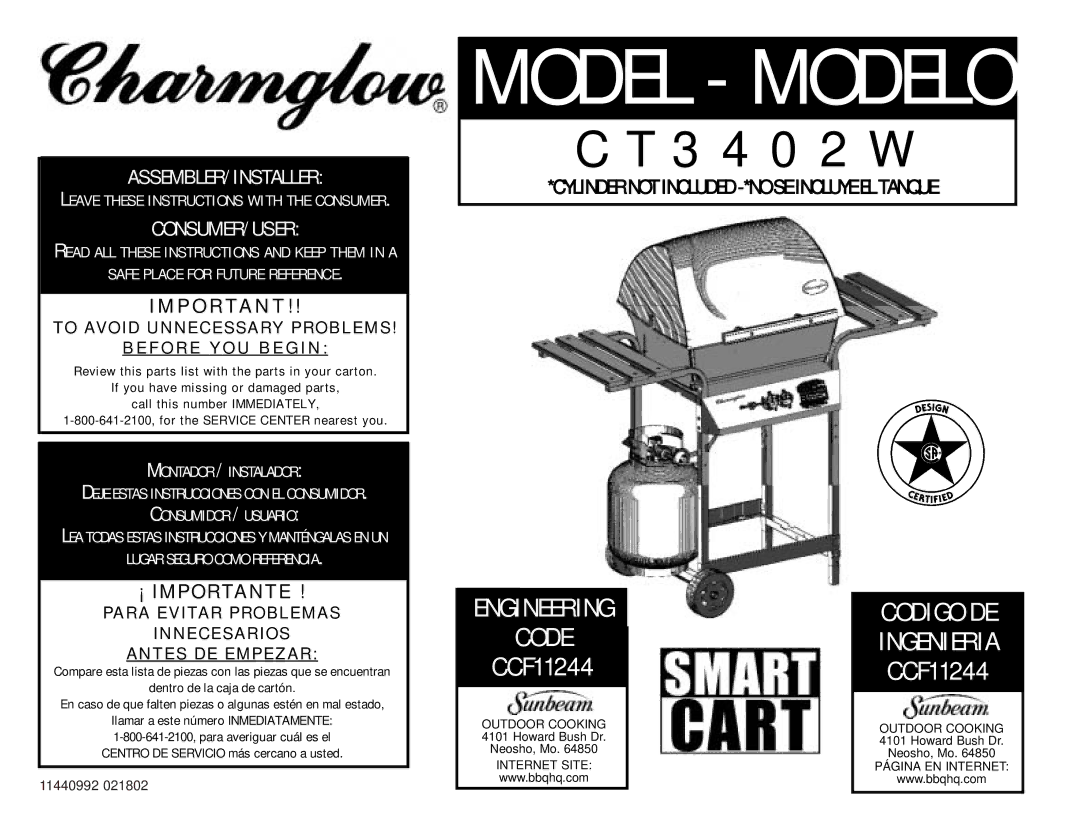 Charmglow CT3402W manual Model Modelo 