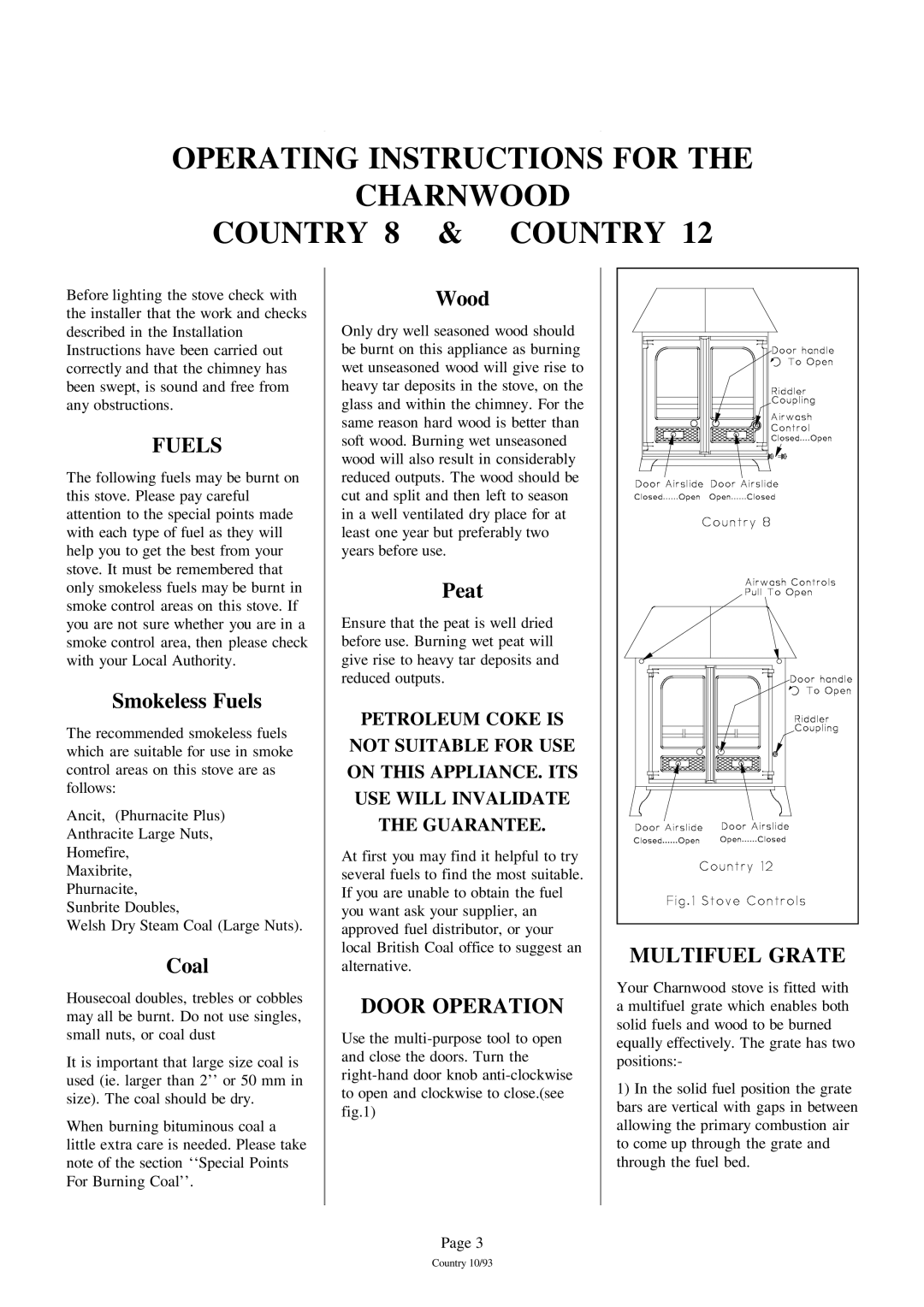 Charnwood Country 12, Country 8 installation instructions Fuels, Door Operation, Multifuel Grate 