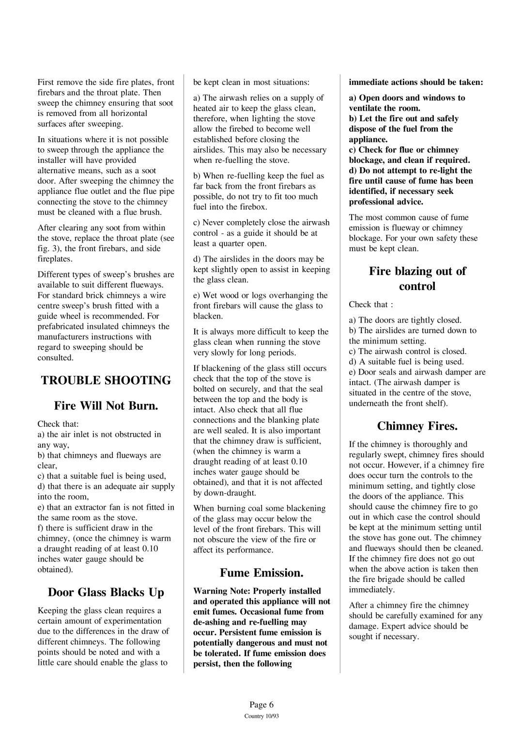 Charnwood Country 8, Country 12 installation instructions Trouble Shooting 