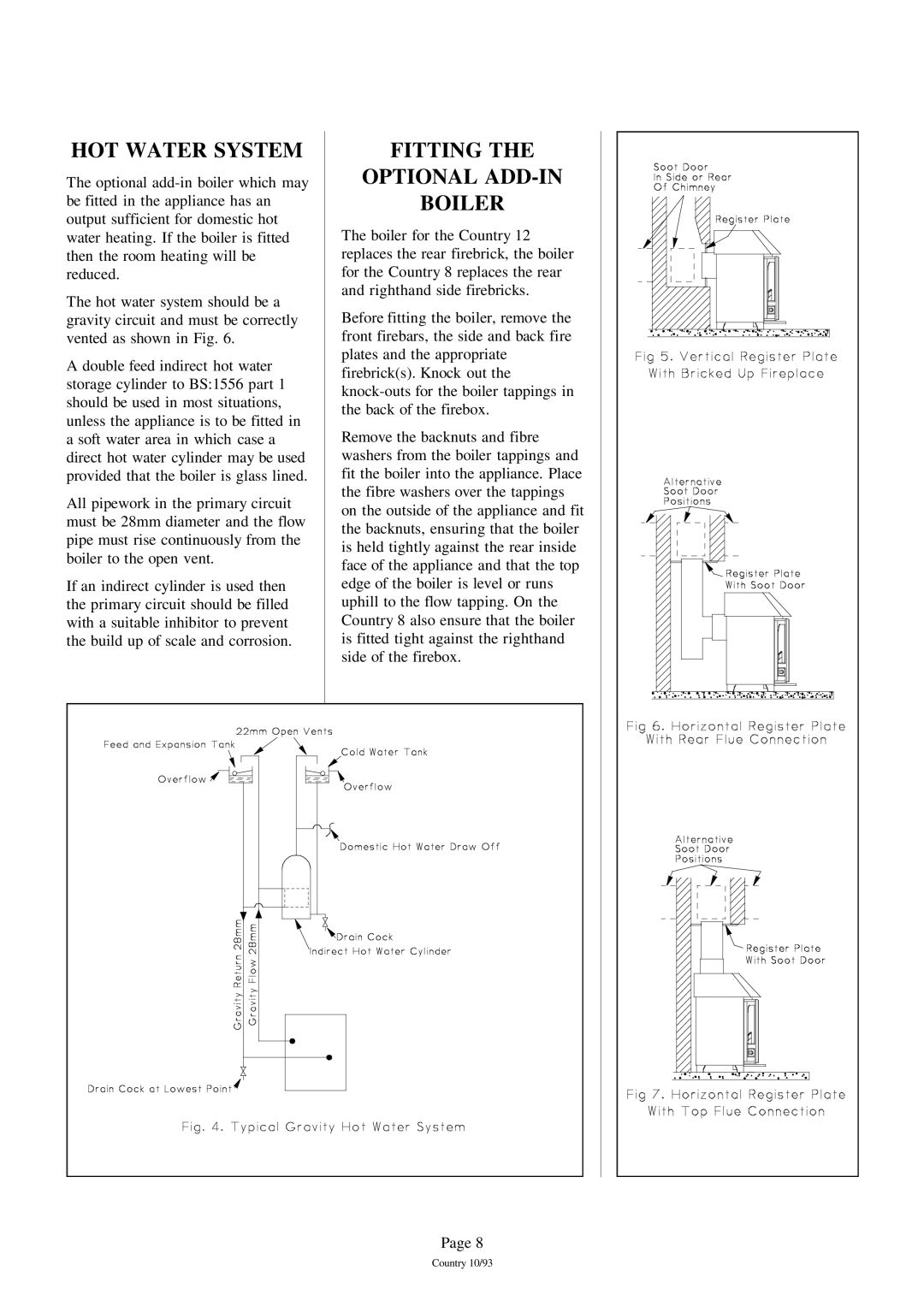 Charnwood Country 8, Country 12 installation instructions HOT Water System, Fitting Optional ADD-IN Boiler 