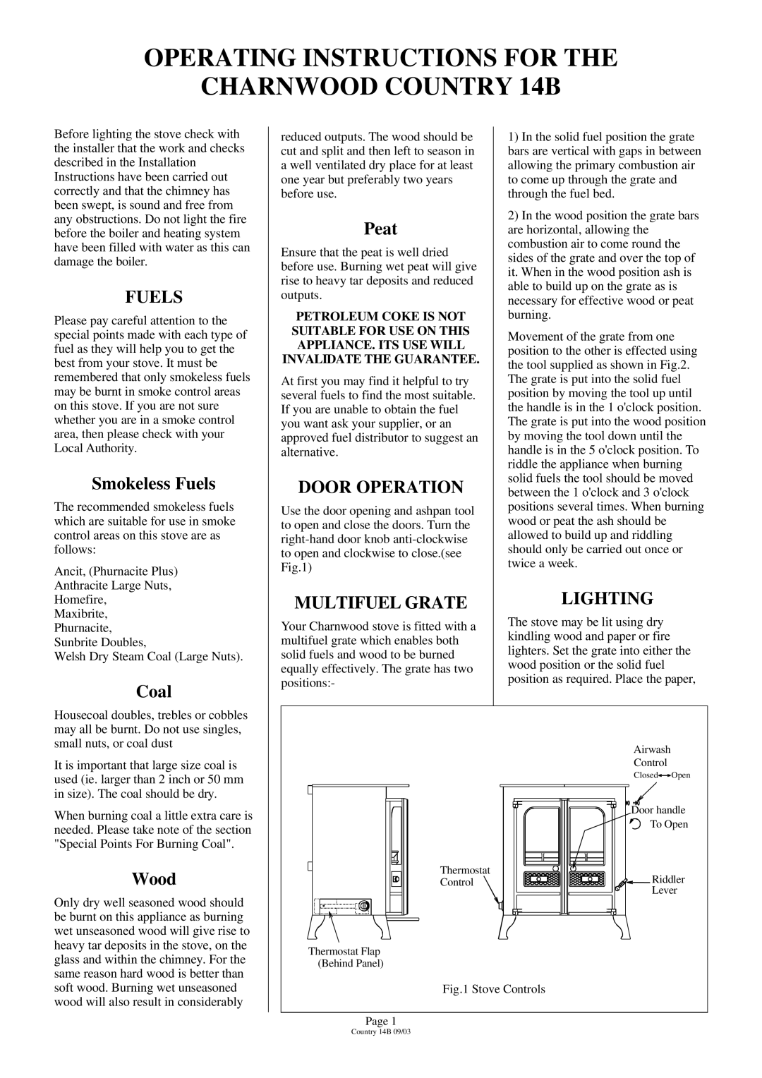 Charnwood Country 14B installation instructions Fuels, Door Operation, Multifuel Grate Lighting 