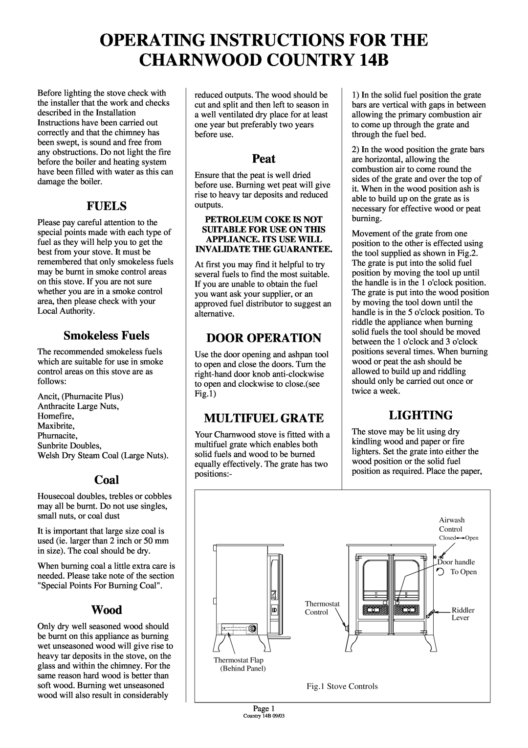 Charnwood Country 14B Operating Instructions For The, CHARNWOOD COUNTRY 14B, Smokeless Fuels, Peat, Door Operation 