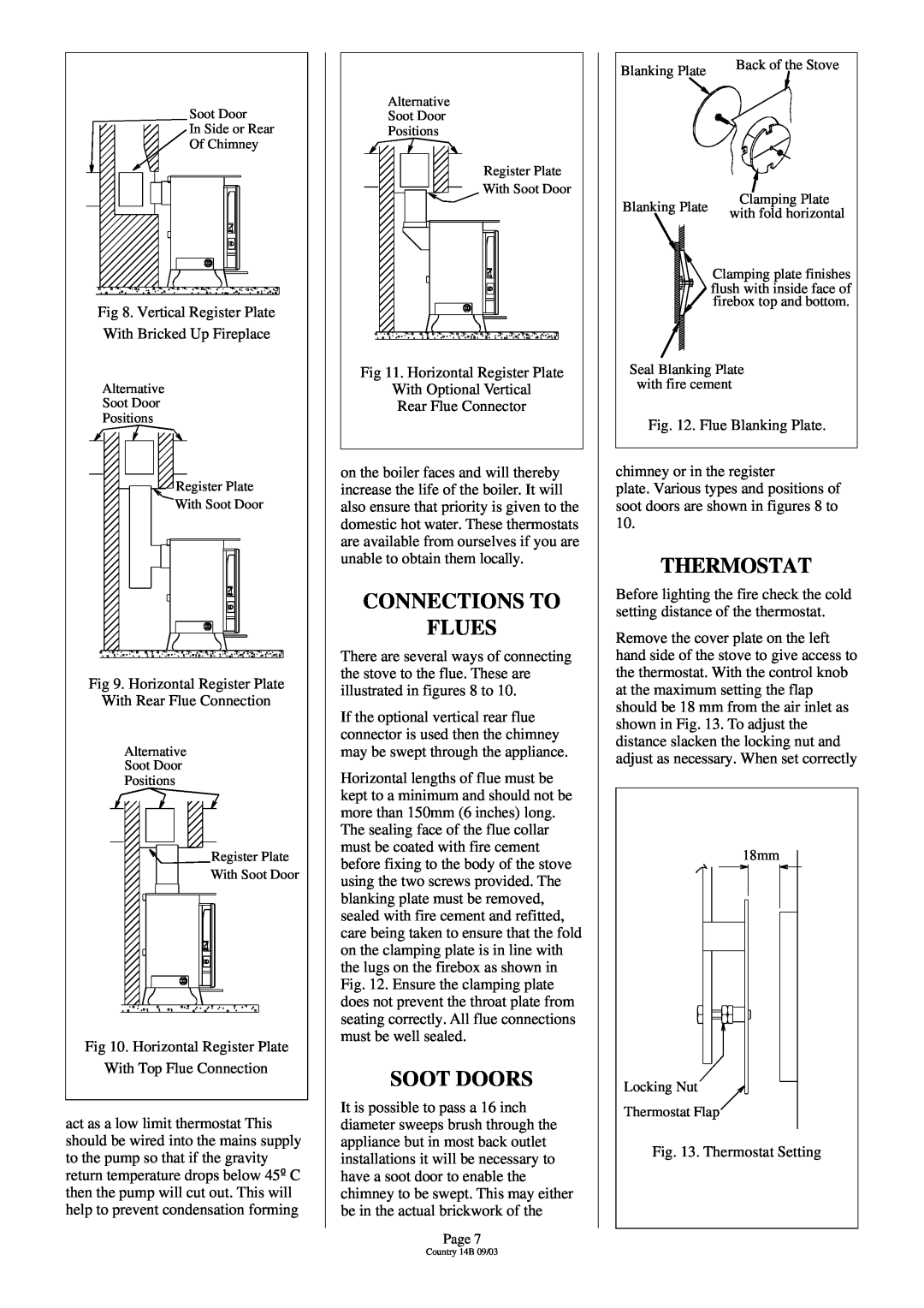 Charnwood Country 14B installation instructions Connections To Flues, Soot Doors, Thermostat 