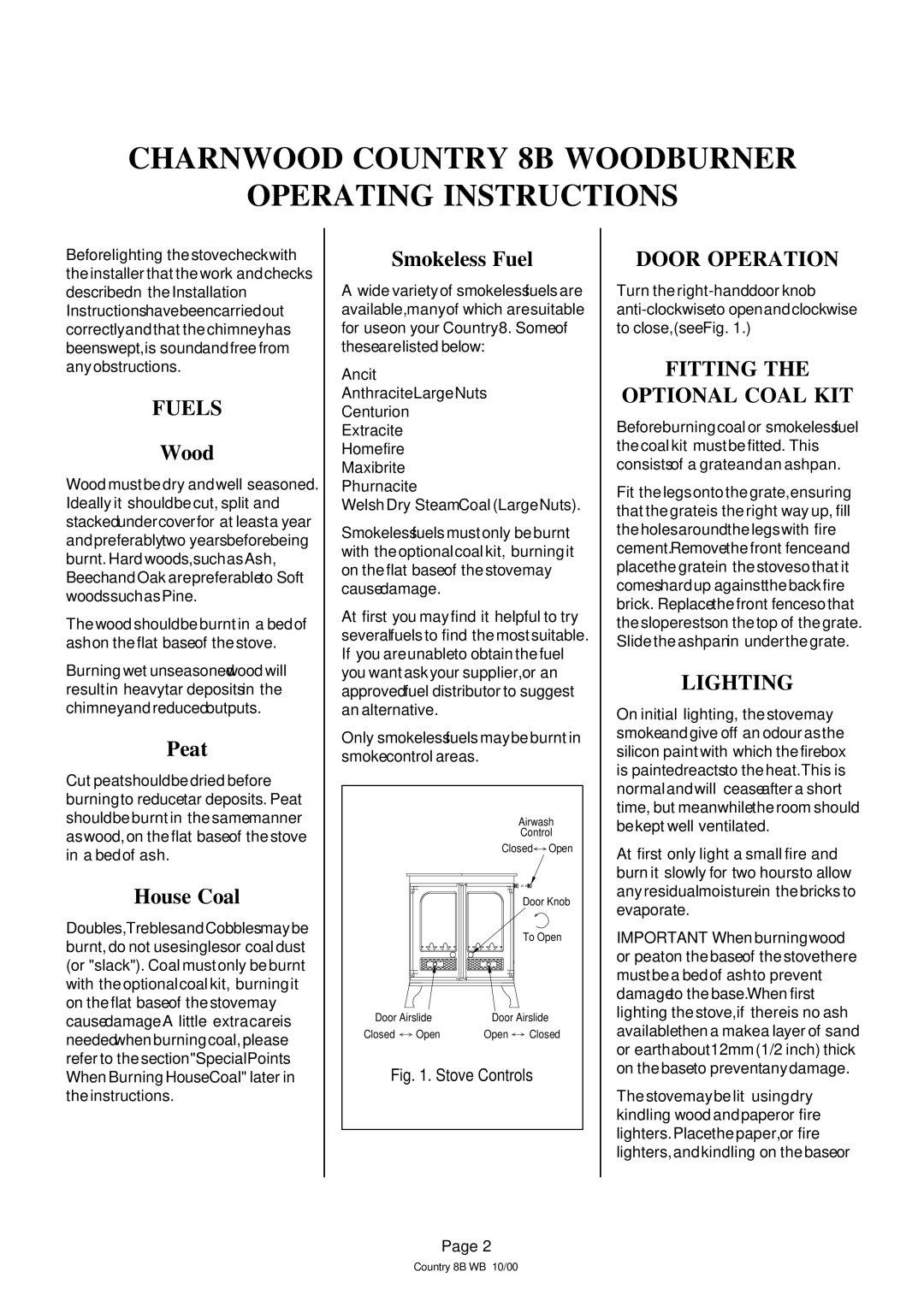 Charnwood Charnwood Country 8B Woodburner Operating Instructions, Fuels, Door Operation, Fitting Optional Coal KIT 