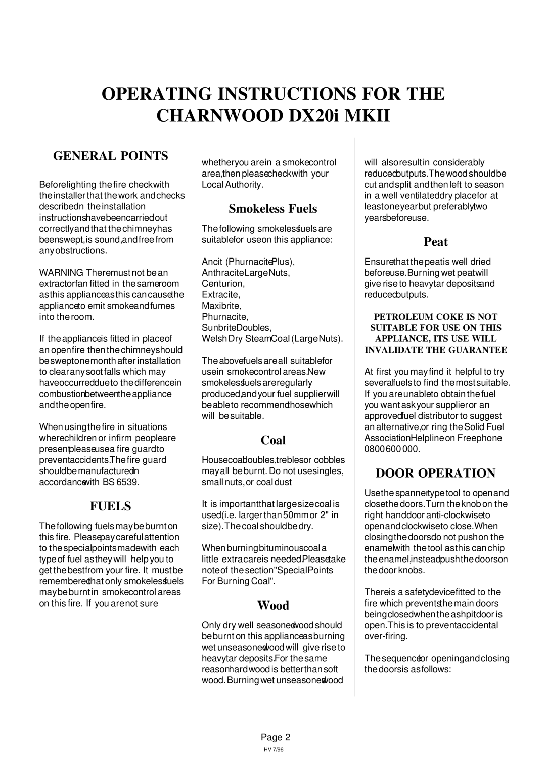 Charnwood DX20i MkII installation instructions Operating Instructions for, General Points, Fuels, Door Operation 