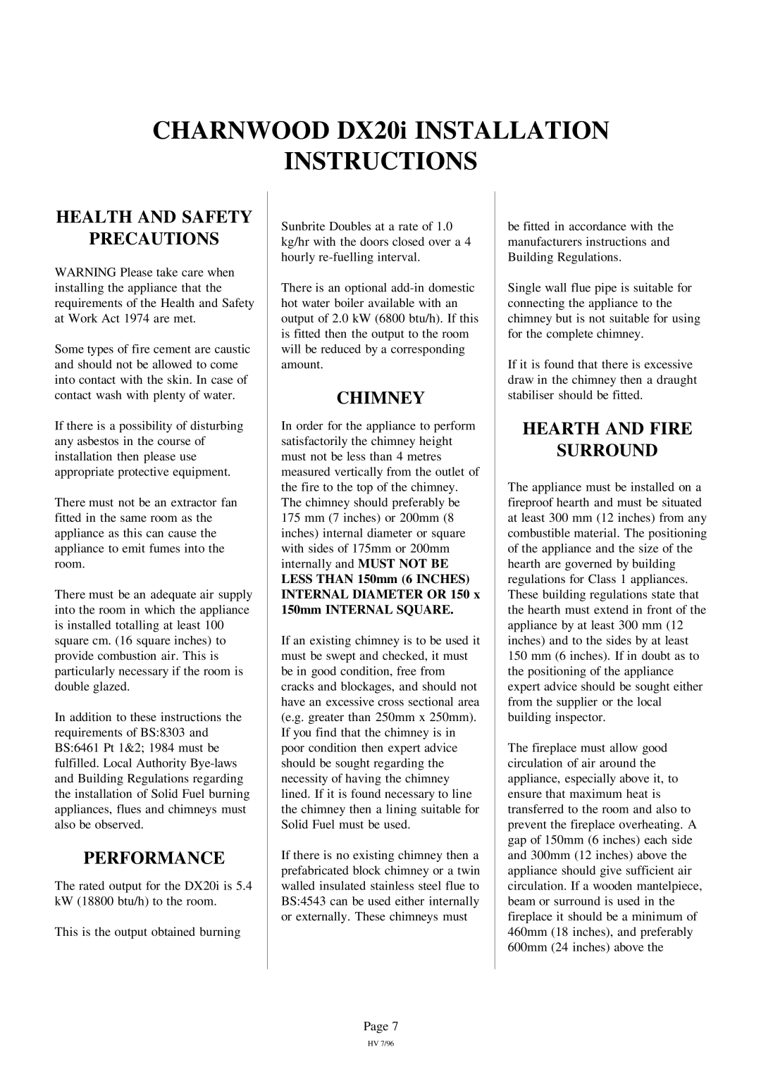 Charnwood DX20i MkII Instructions, Health and Safety Precautions, Performance, Chimney, Hearth and Fire Surround 