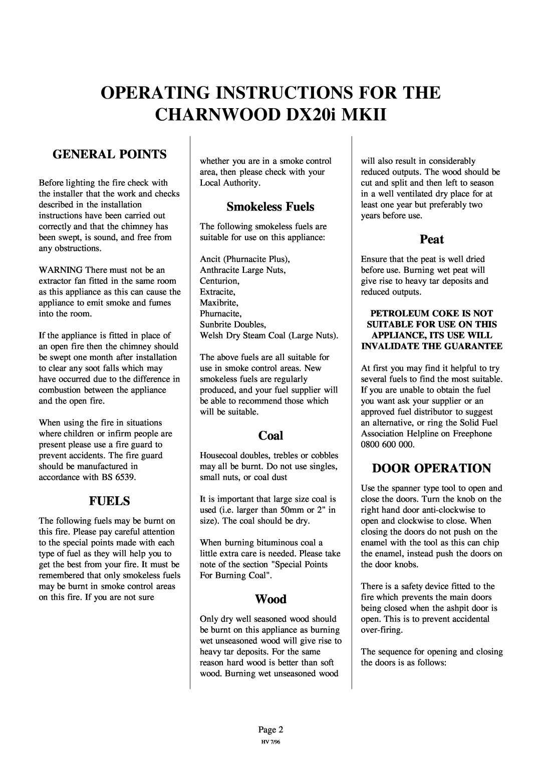 Charnwood DX20i MkII OPERATING INSTRUCTIONS FOR THE CHARNWOOD DX20i MKII, General Points, Smokeless Fuels, Coal, Wood 