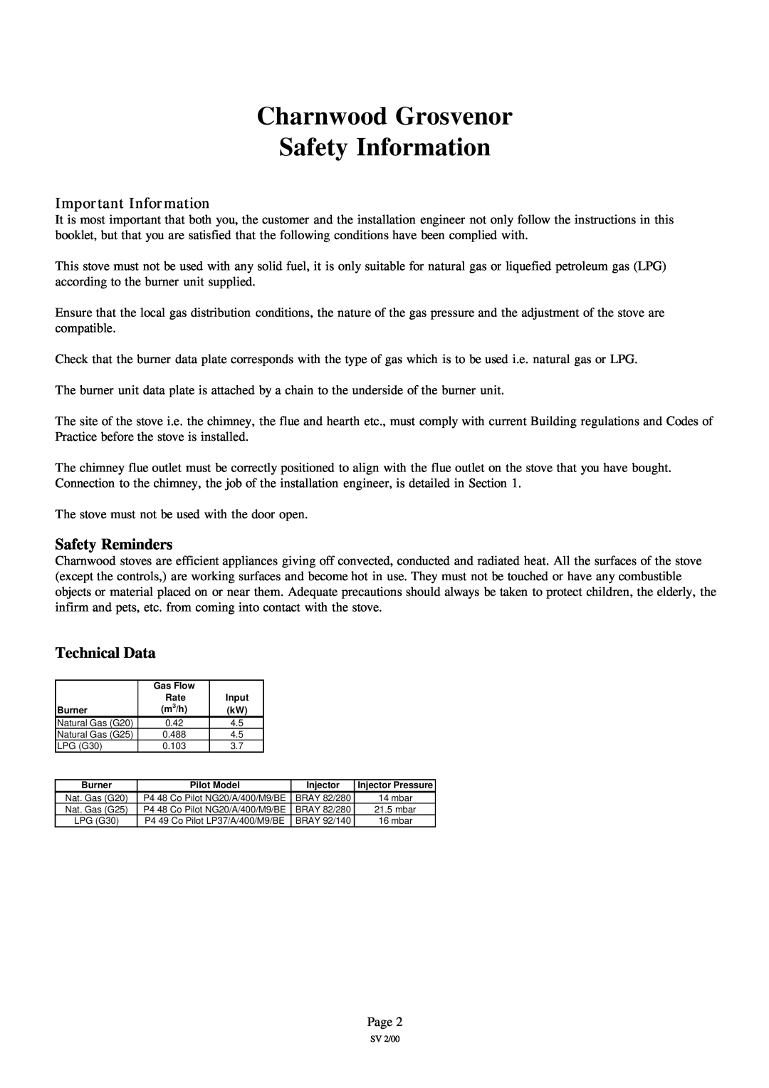 Charnwood Charnwood Grosvenor Safety Information, Important Information, Safety Reminders, Technical Data 