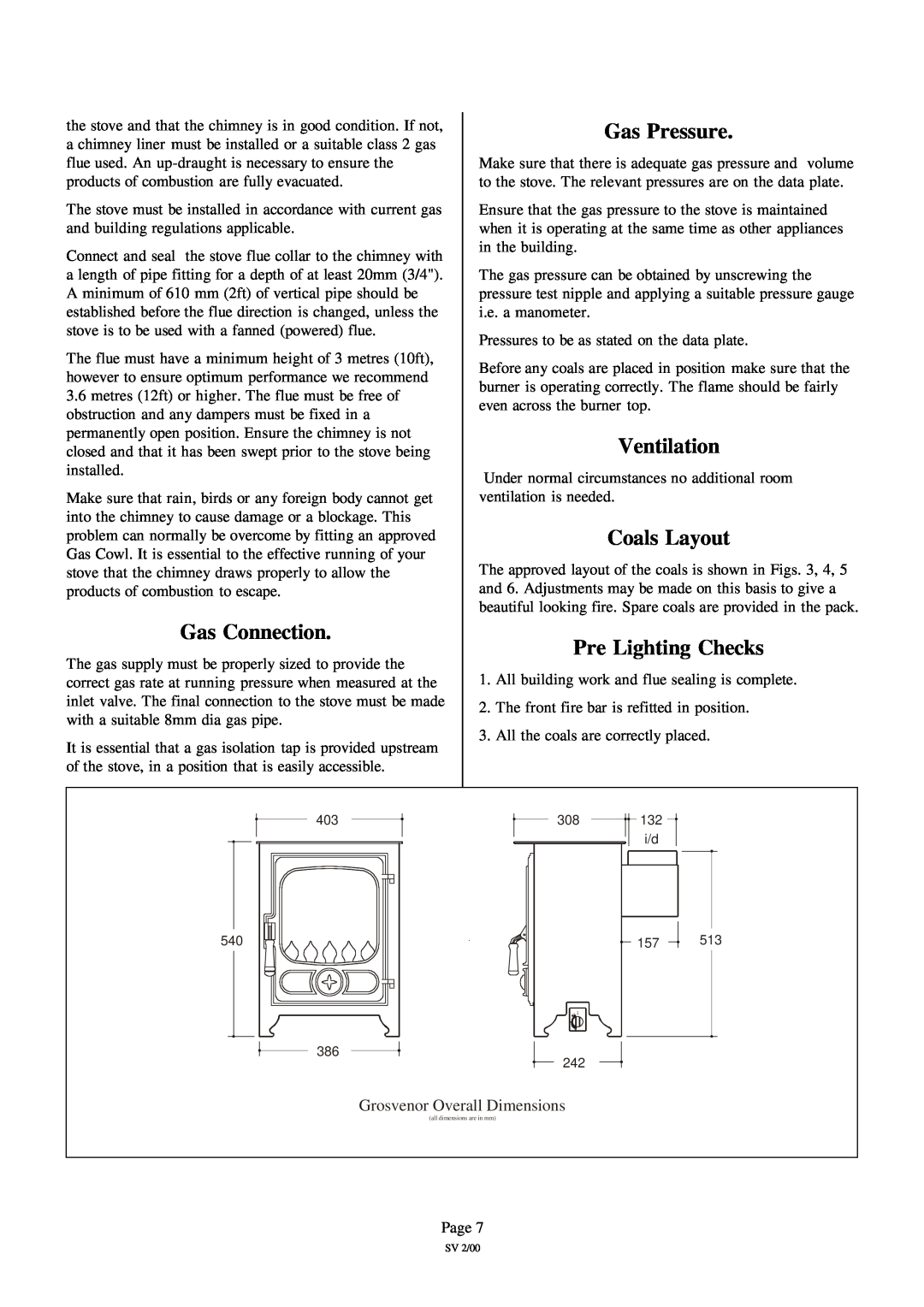 Charnwood Grosvenor installation instructions Gas Connection, Gas Pressure, Ventilation, Coals Layout, Pre Lighting Checks 