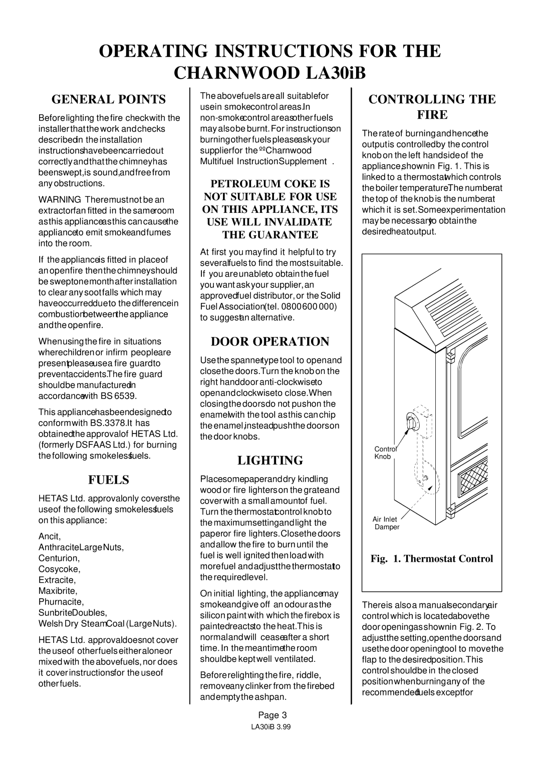 Charnwood LA30iB installation instructions General Points, Fuels, Door Operation, Lighting, Controlling Fire 