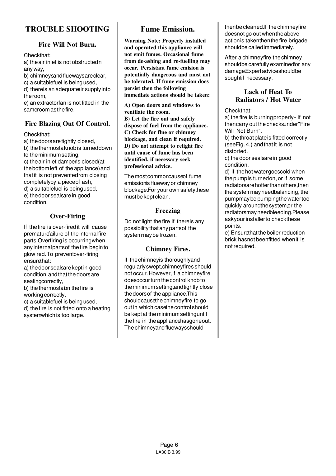 Charnwood LA30iB installation instructions Trouble Shooting 