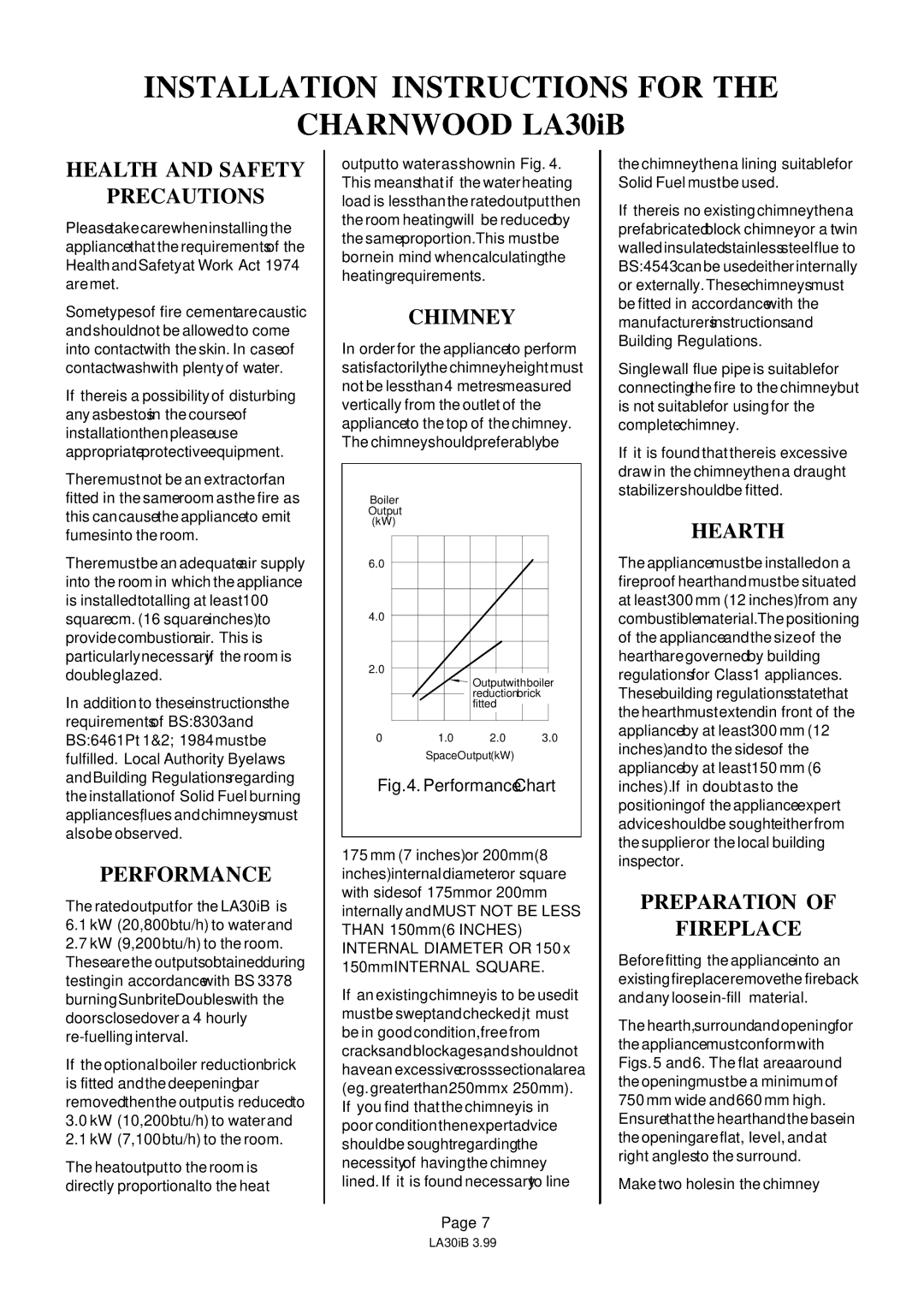 Charnwood LA30iB Health and Safety Precautions, Performance, Chimney, Hearth, Preparation Fireplace 