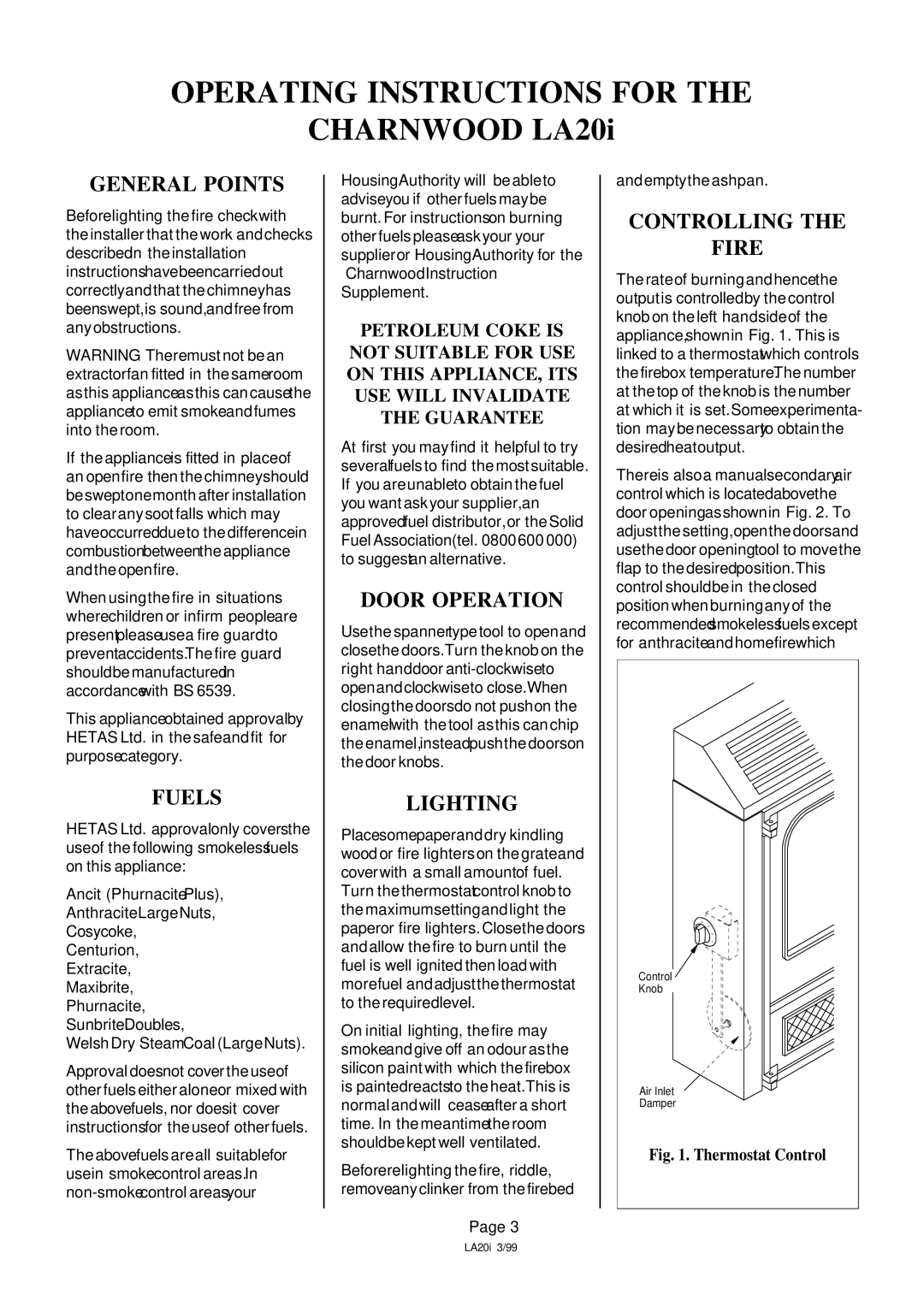 Charnwood Roomheater installation instructions General Points, Fuels, Door Operation, Lighting, Controlling Fire 