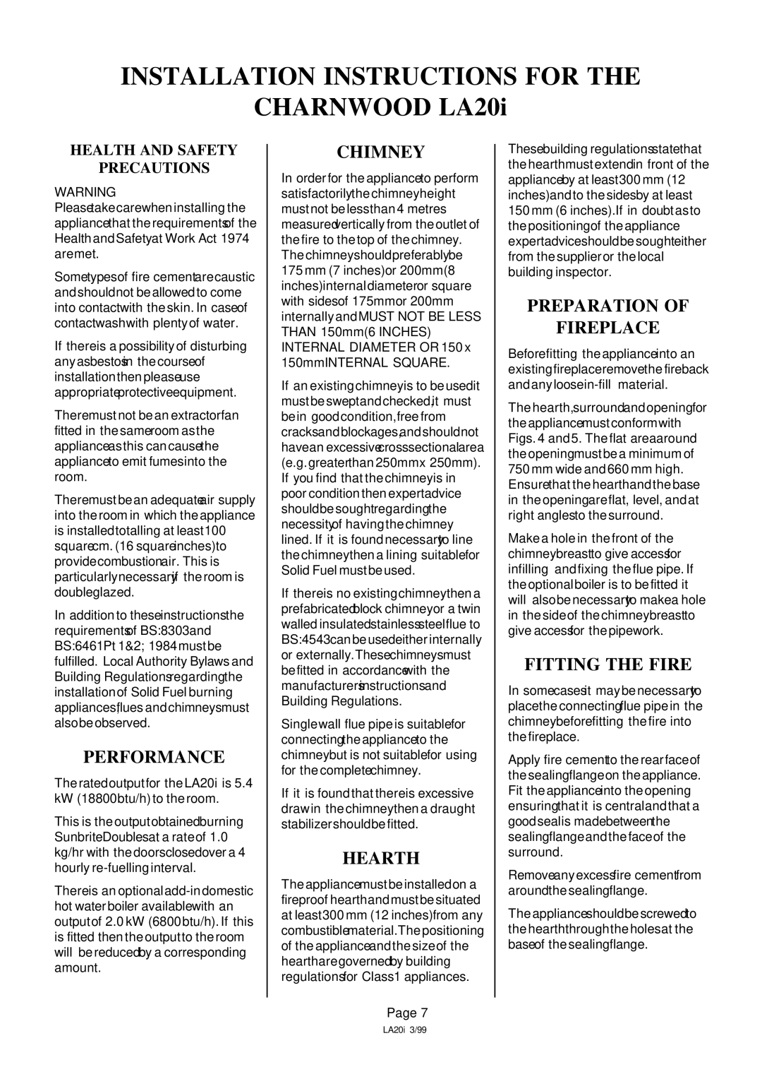 Charnwood Roomheater installation instructions Performance, Chimney, Hearth, Preparation Fireplace, Fitting the Fire 