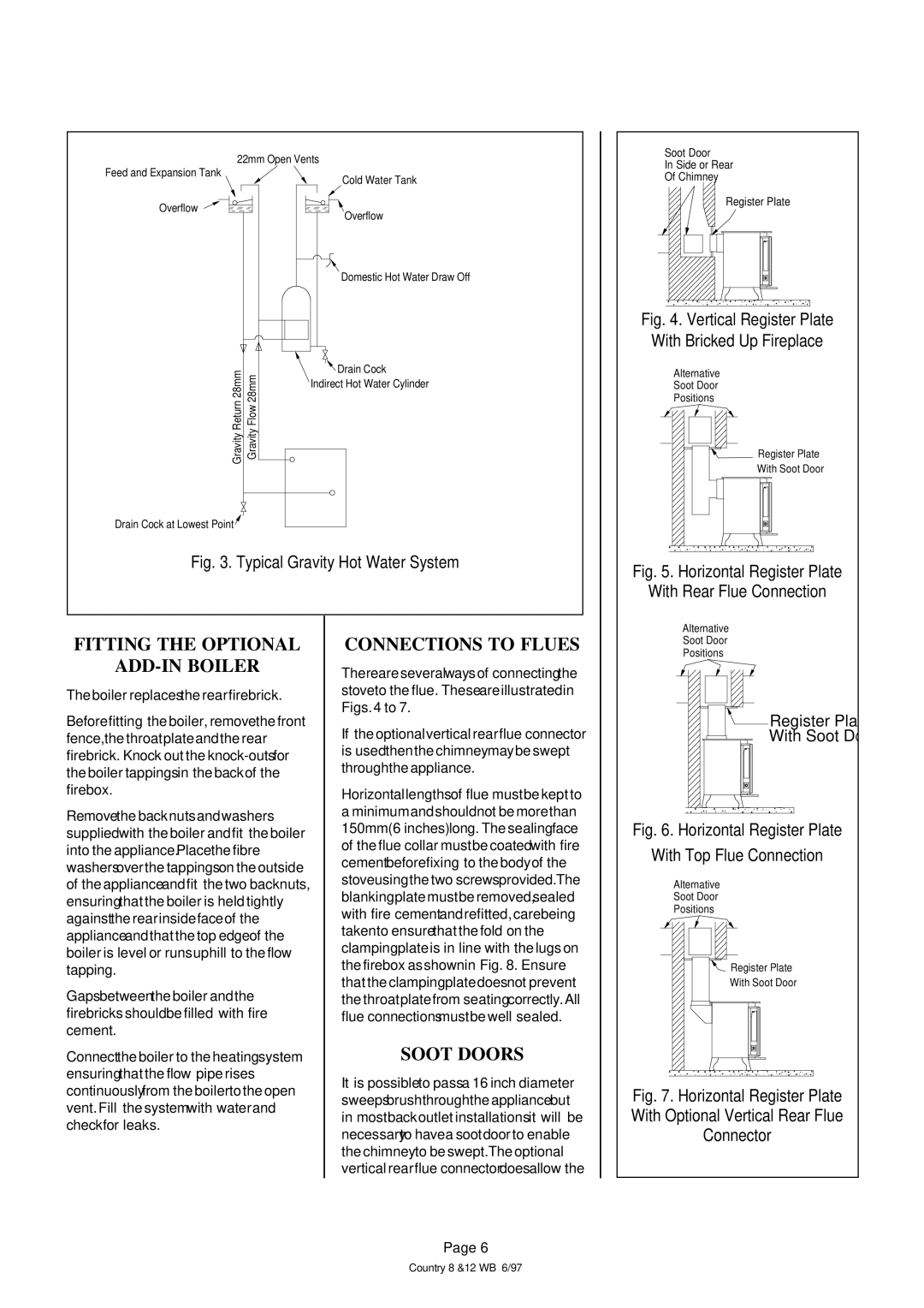 Charnwood WOODBURNER installation instructions Fitting the Optional ADD-IN Boiler, Connections to Flues, Soot Doors 