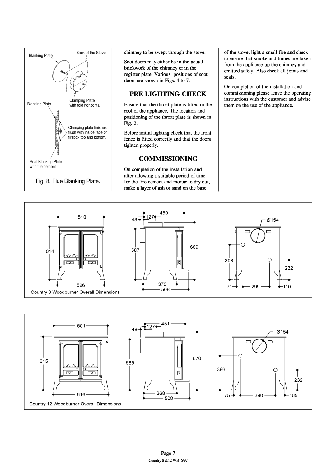 Charnwood WOODBURNER installation instructions Pre Lighting Check, Commissioning, Flue Blanking Plate 