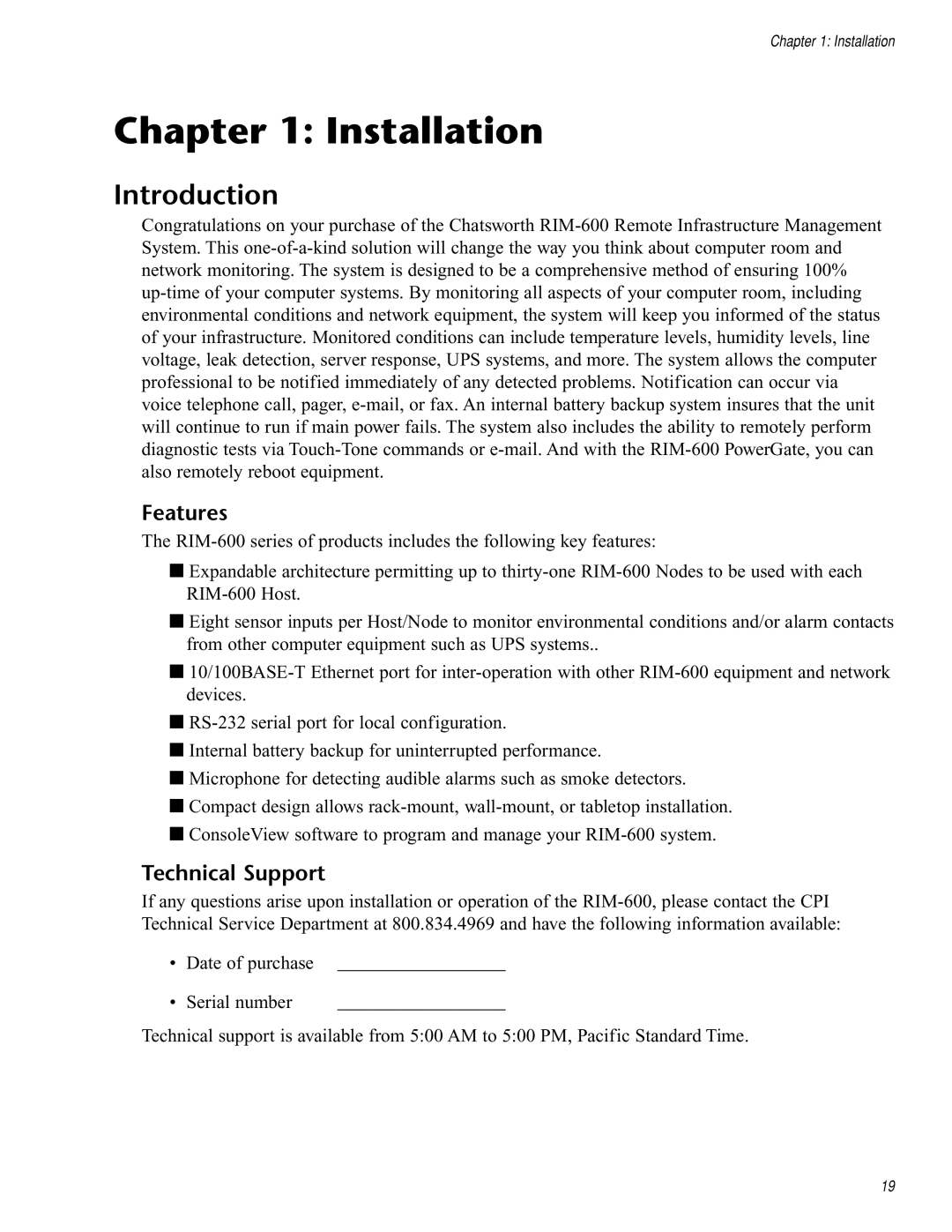 Chatsworth Products RIM-600 user manual Introduction, Features, Technical Support 