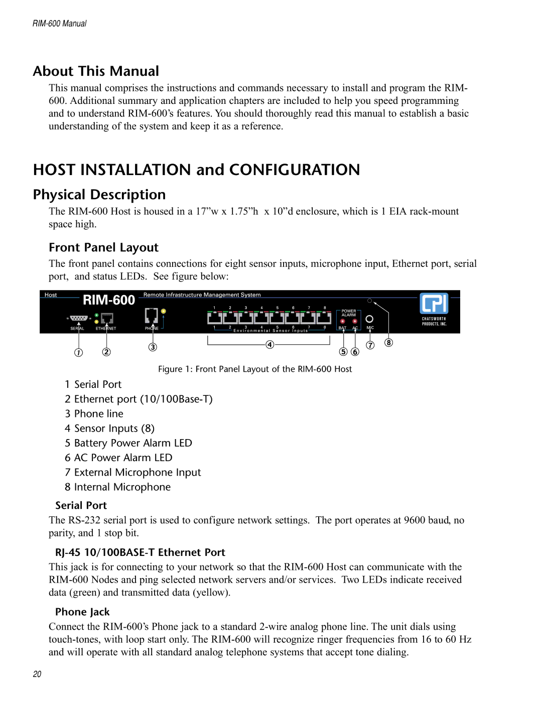 Chatsworth Products RIM-600 user manual Host Installation and Configuration, About This Manual, Physical Description 