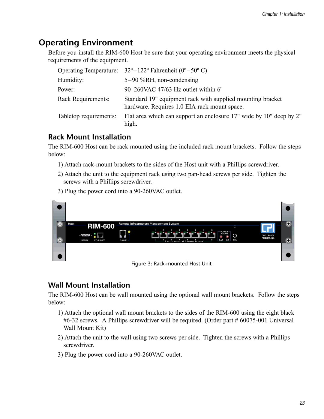 Chatsworth Products RIM-600 user manual Operating Environment, Rack Mount Installation, Wall Mount Installation 