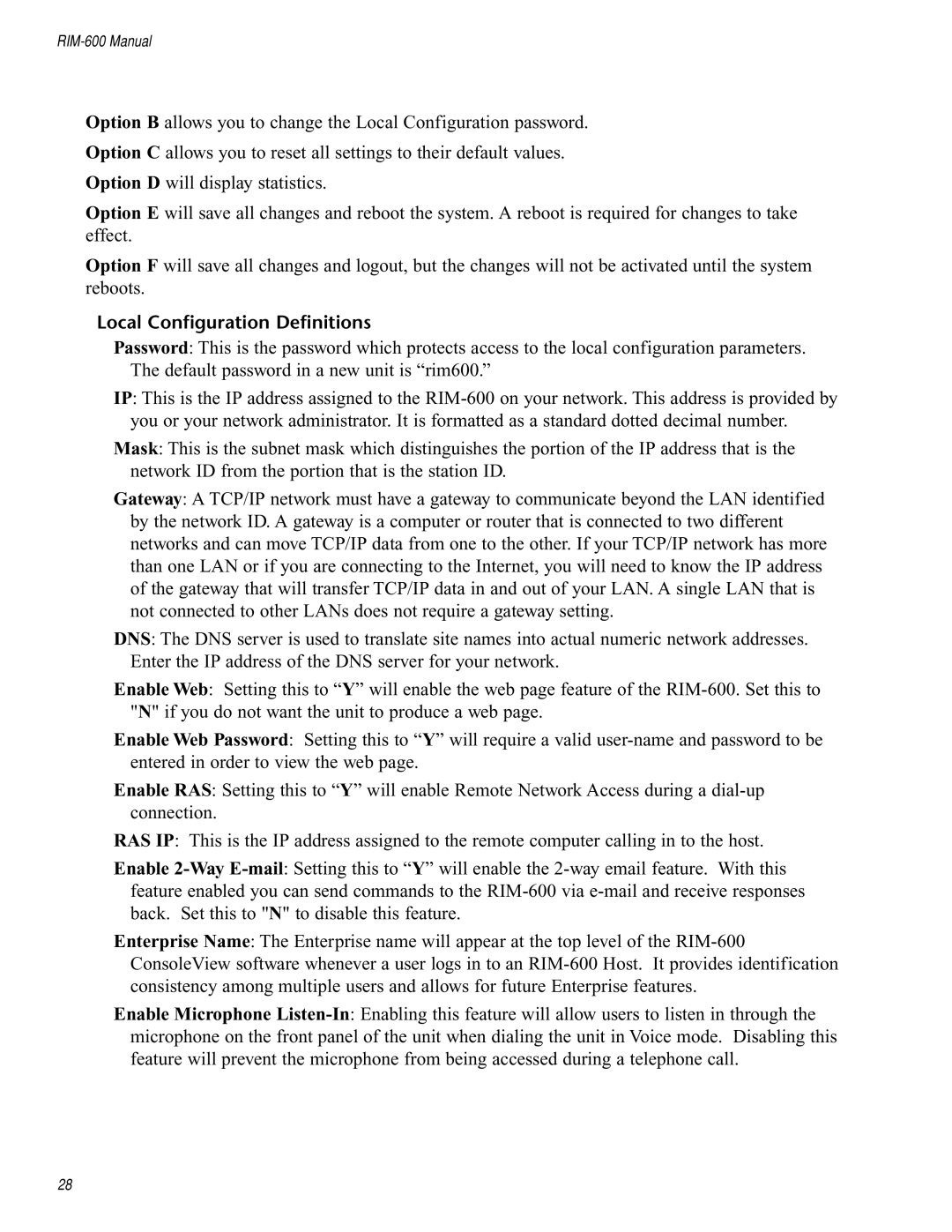 Chatsworth Products RIM-600 user manual Local Configuration Definitions 