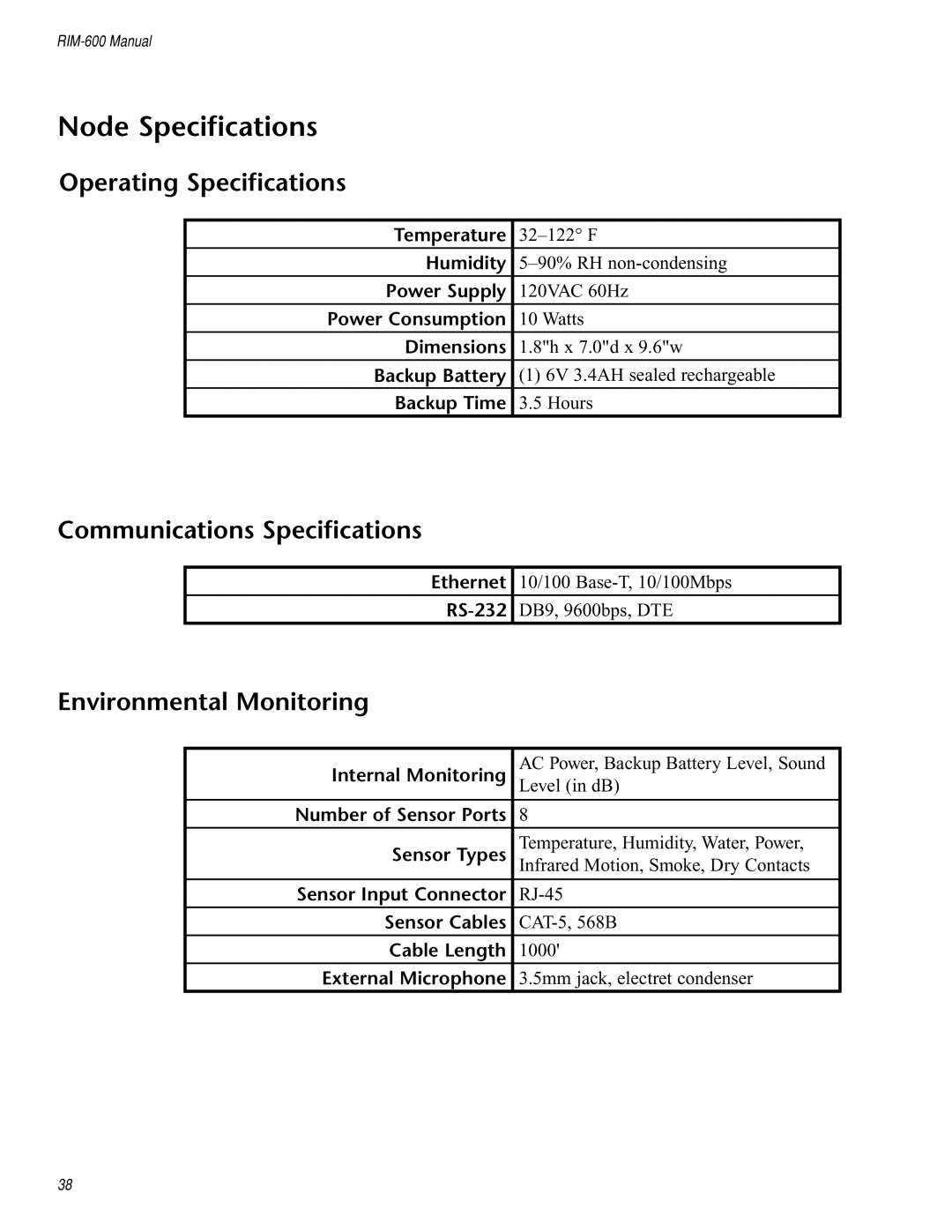 Chatsworth Products RIM-600 user manual Node Specifications 