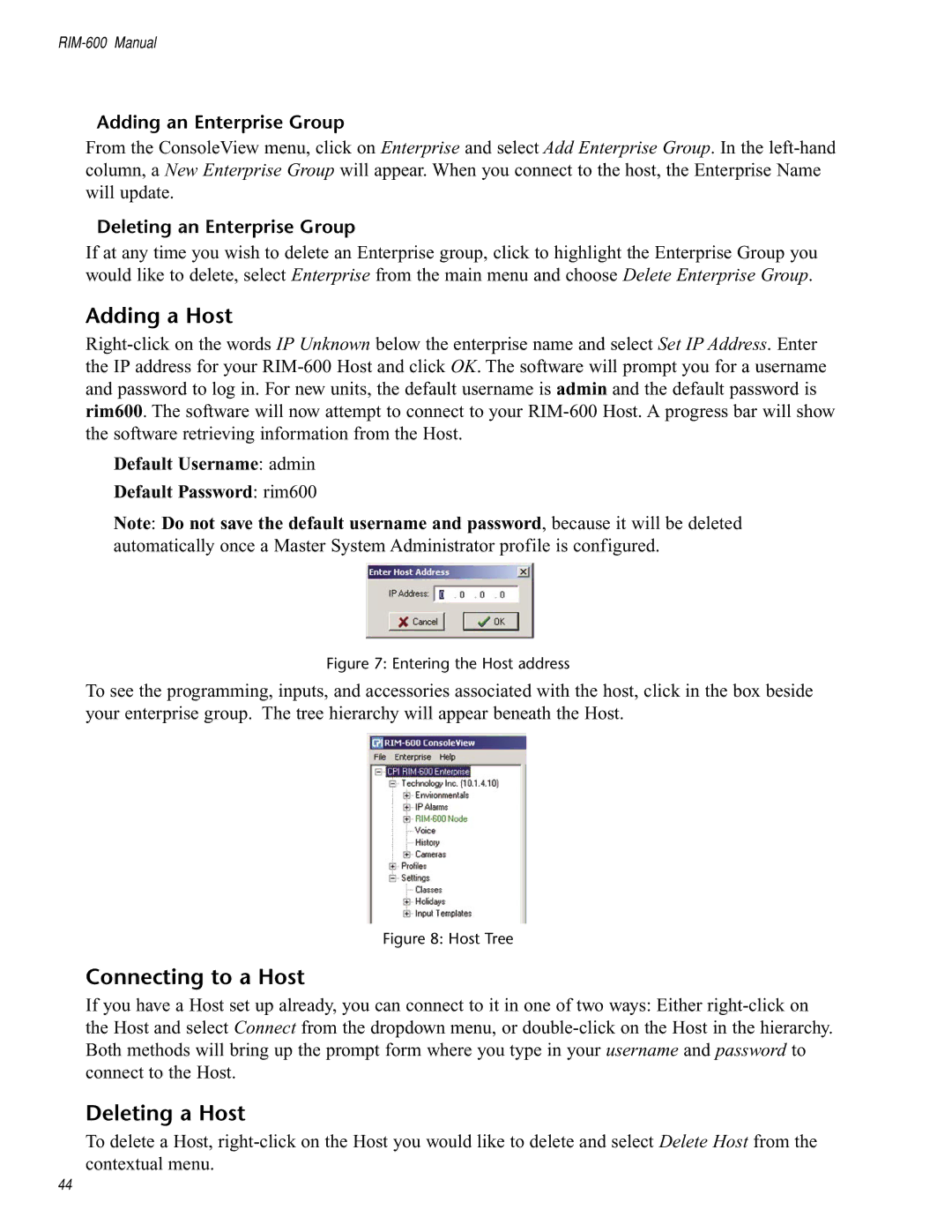 Chatsworth Products RIM-600 user manual Adding a Host, Connecting to a Host, Deleting a Host, Adding an Enterprise Group 