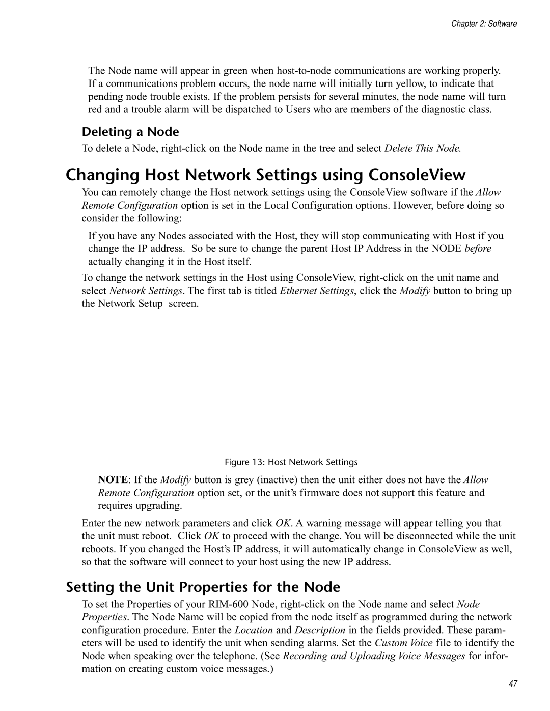 Chatsworth Products RIM-600 Changing Host Network Settings using ConsoleView, Setting the Unit Properties for the Node 