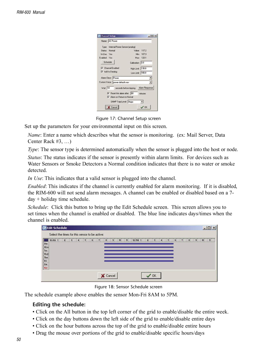 Chatsworth Products RIM-600 user manual Editing the schedule, Channel Setup screen 