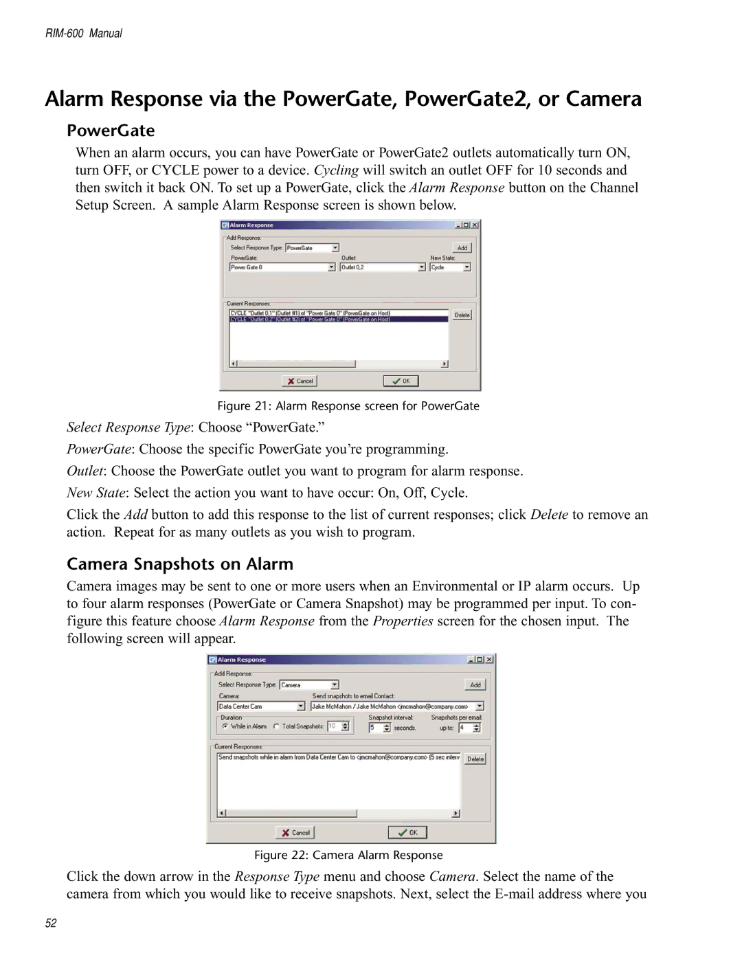 Chatsworth Products RIM-600 user manual Alarm Response via the PowerGate, PowerGate2, or Camera, Camera Snapshots on Alarm 