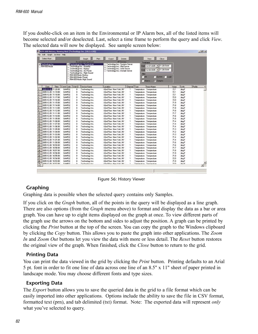 Chatsworth Products RIM-600 user manual Graphing, Printing Data Exporting Data 