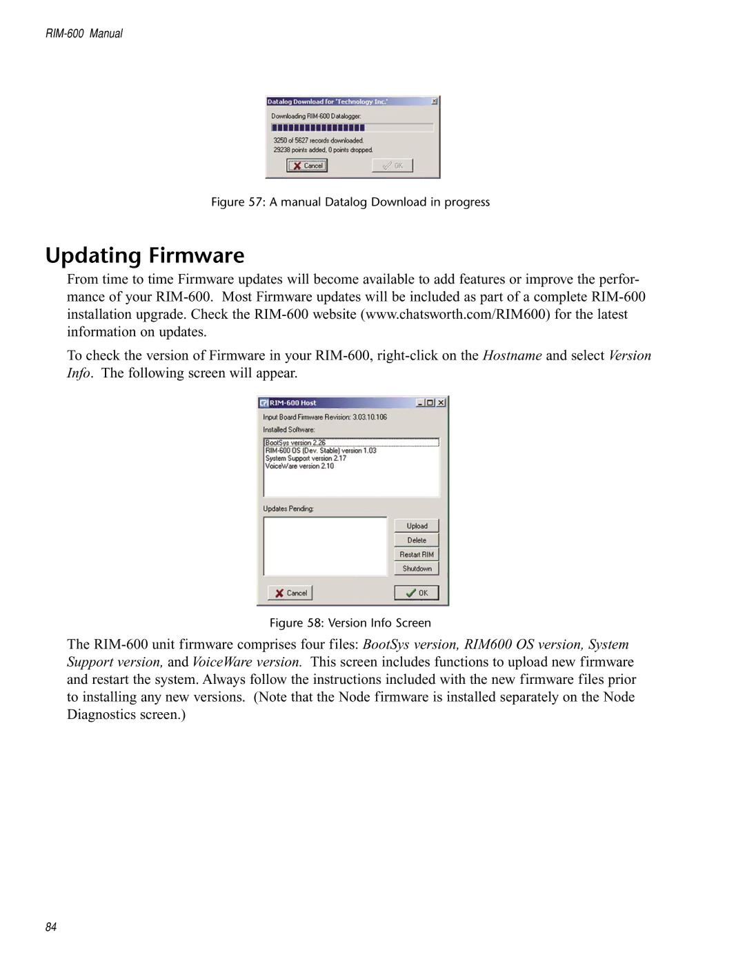 Chatsworth Products RIM-600 user manual Updating Firmware, Manual Datalog Download in progress 